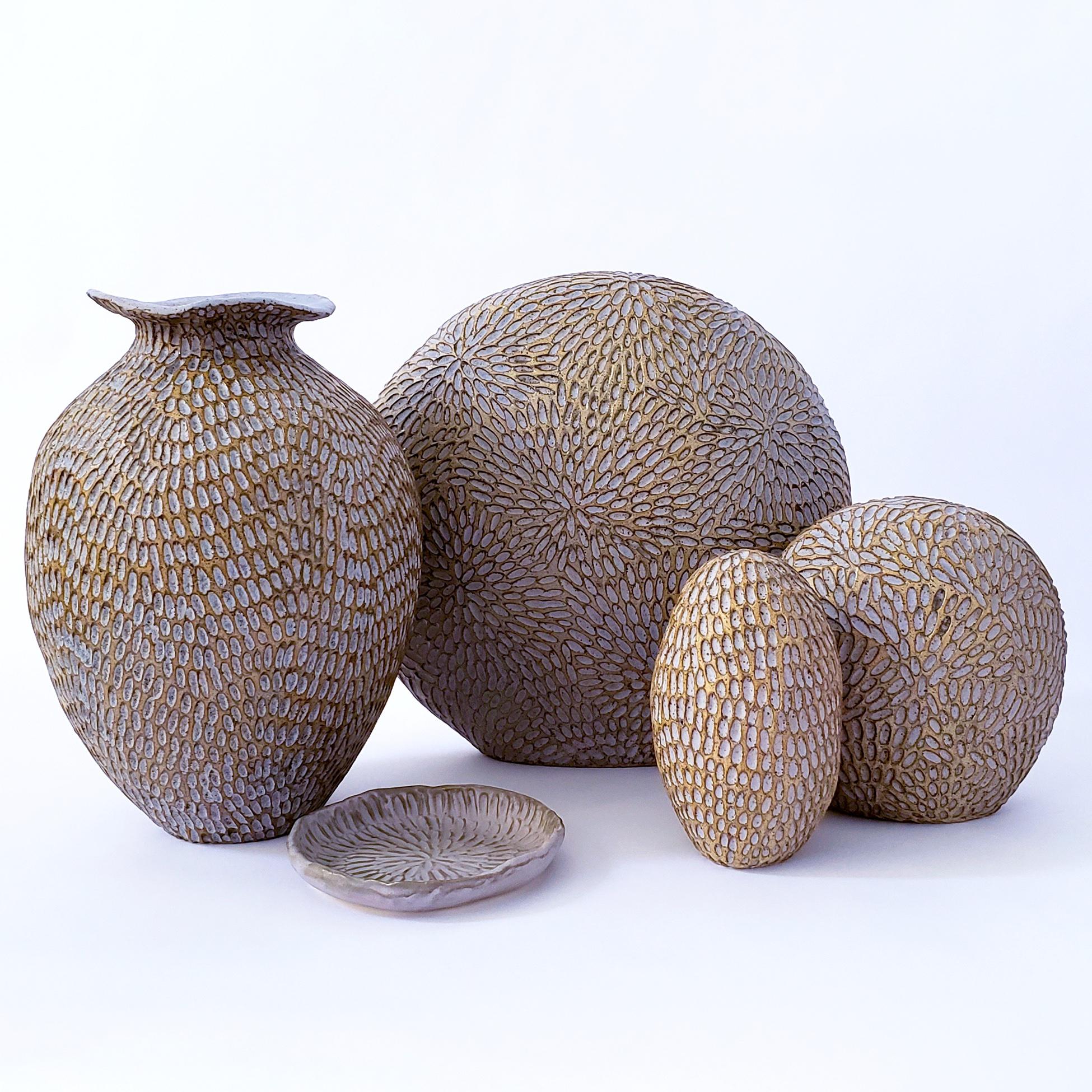 Modern Egg Seed Pod Rattle Ceramic Sculpture Coastal Glaze For Sale