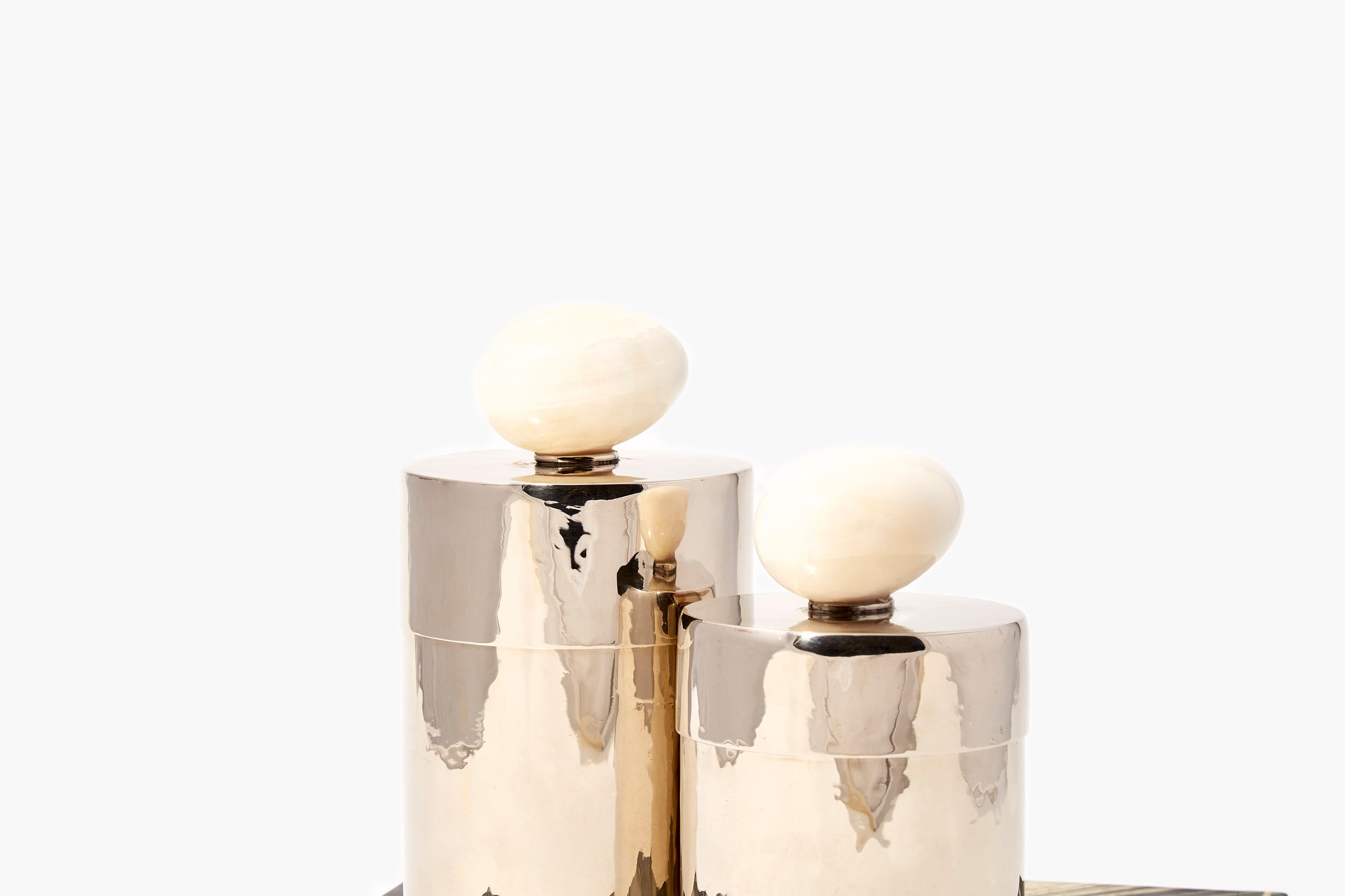 Organic Modern Egg Set Large and Medium Jars, Cream Onyx & Alpaca Silver For Sale