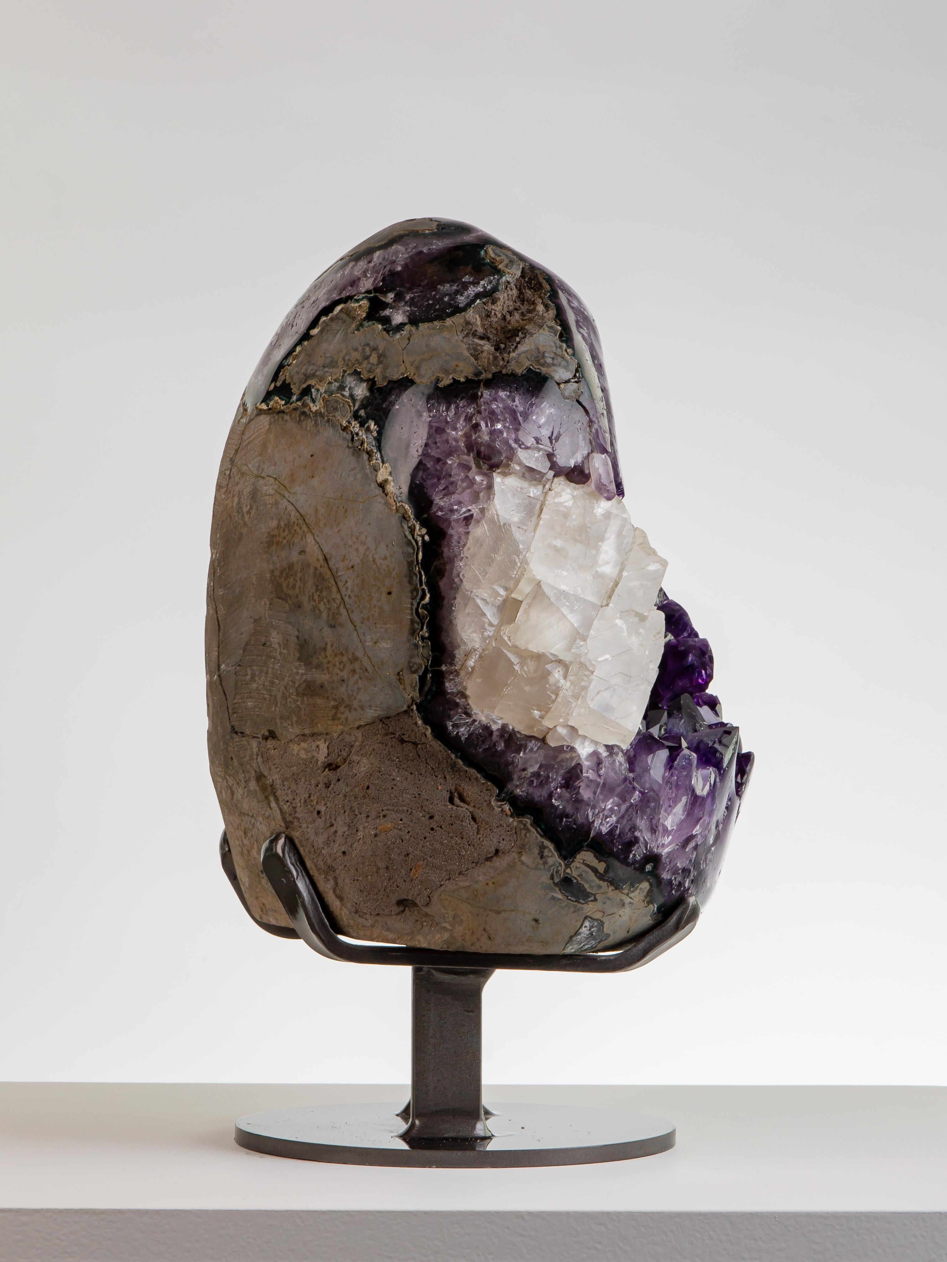 Uruguayan Egg Shaped Amethyst Geode with Calcite For Sale