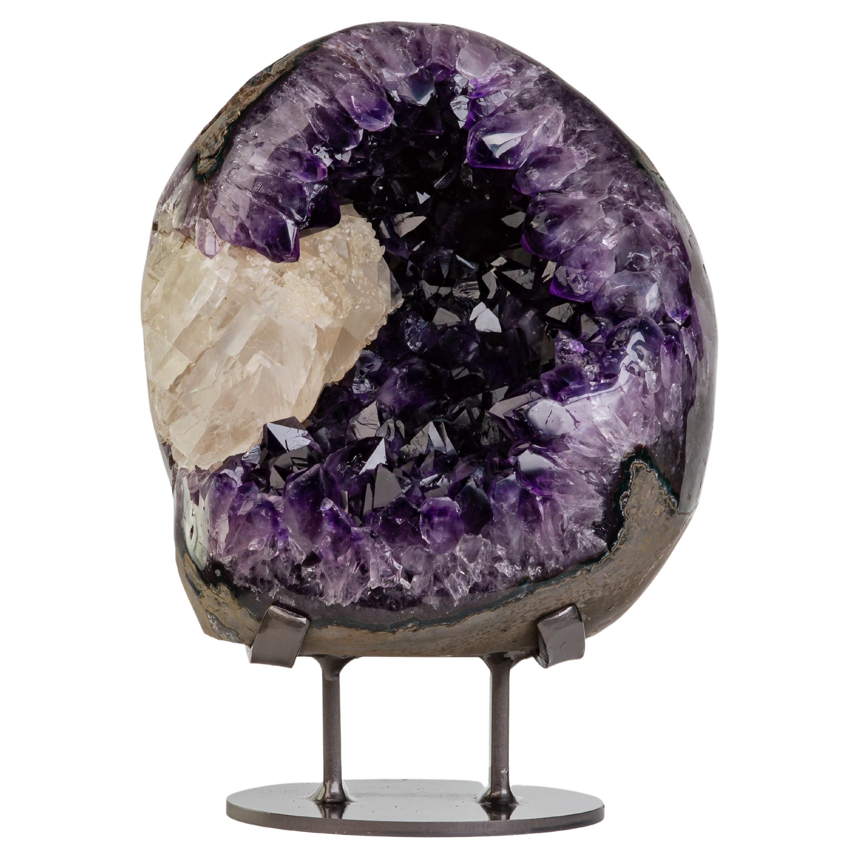 Egg Shaped Amethyst Geode with Calcite For Sale