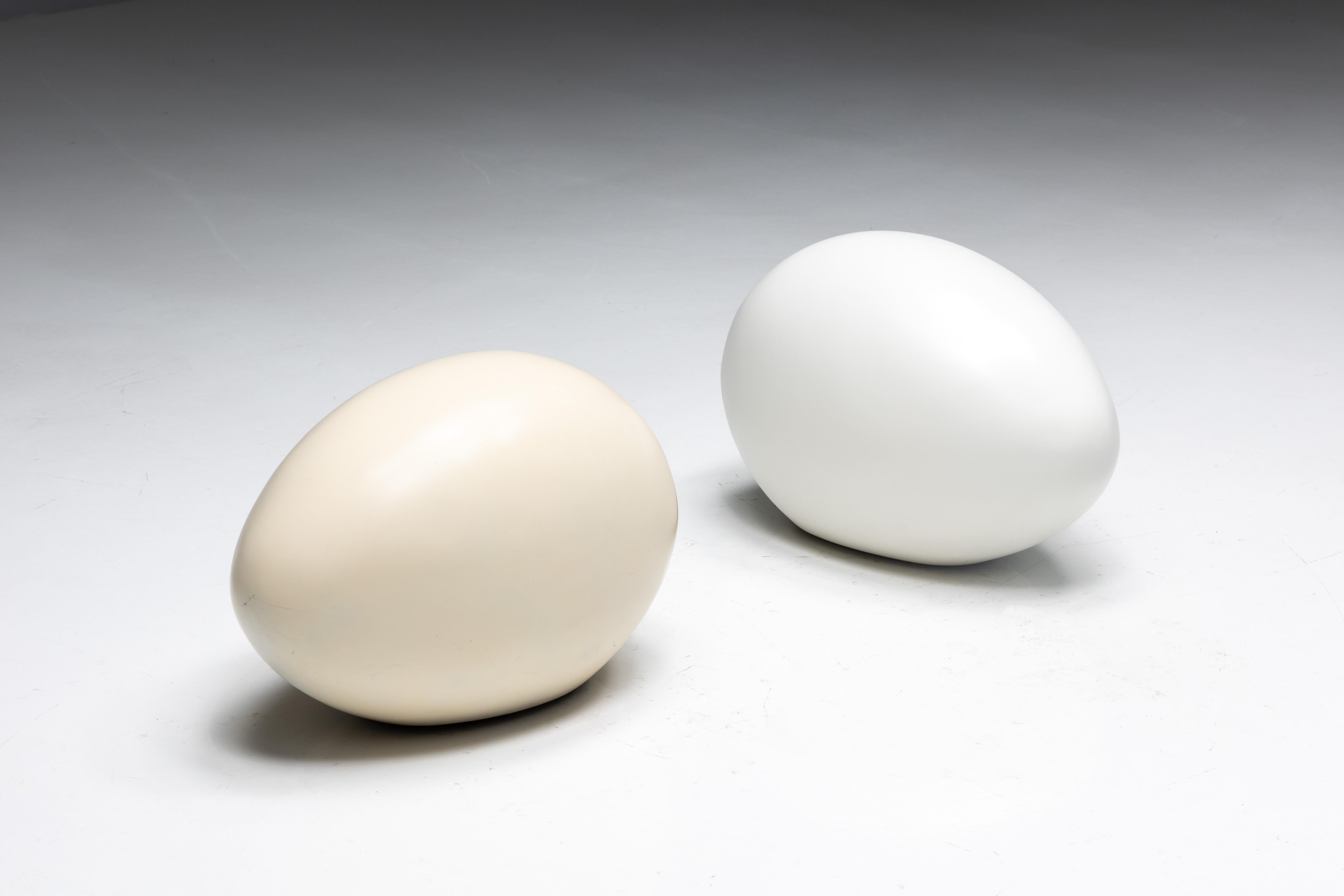 Egg-shaped footstools designed by Philippe Starck and exclusively crafted for Sanderson, London. Crafted from durable fiberglass, these footstools embody the hotel's ethos of pushing the boundaries of conventional design. Just as Sanderson