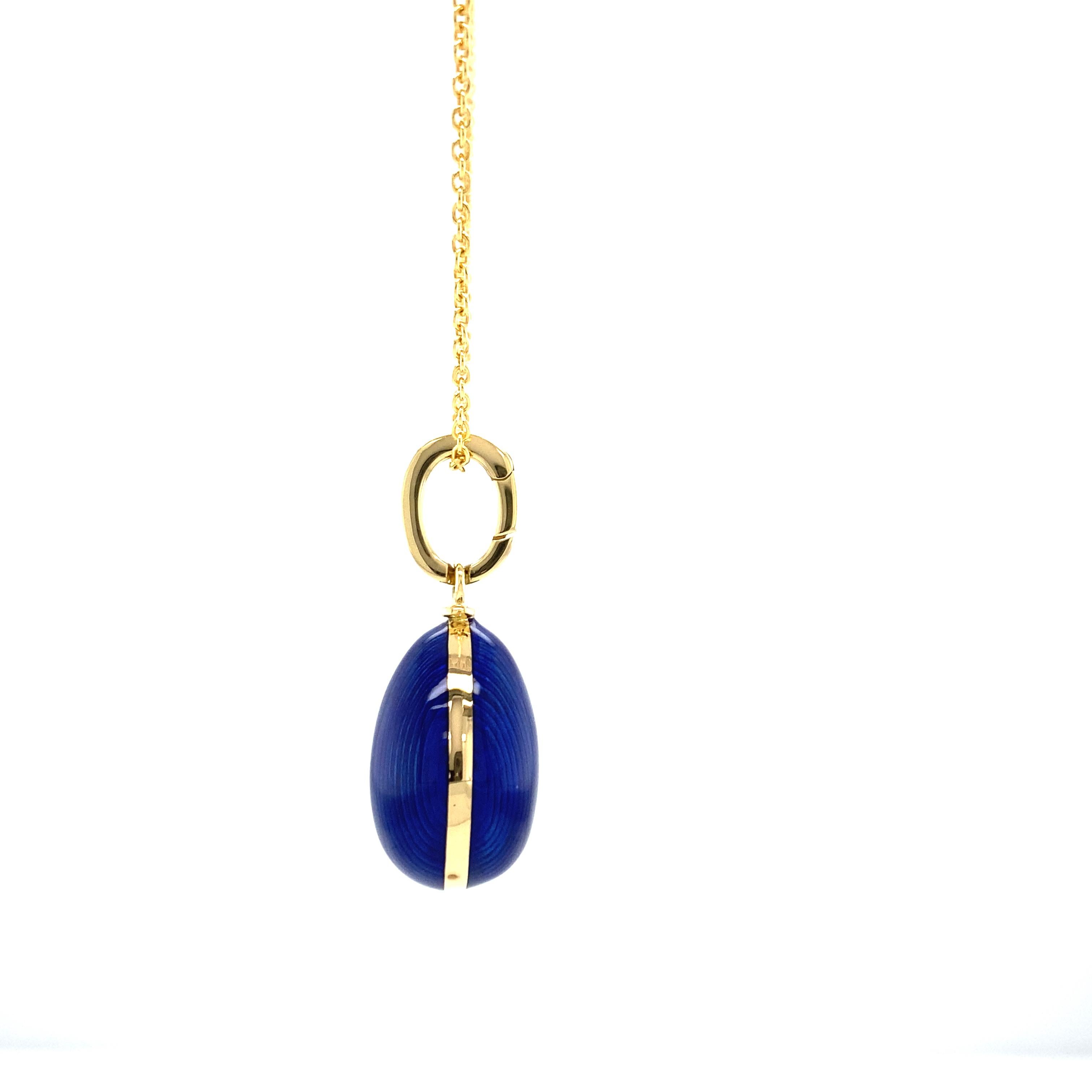 Brilliant Cut Egg Shaped Pendant Necklace, 18k Yellow Gold, Blue Enamel 7 Diamonds 0, 16ct For Sale