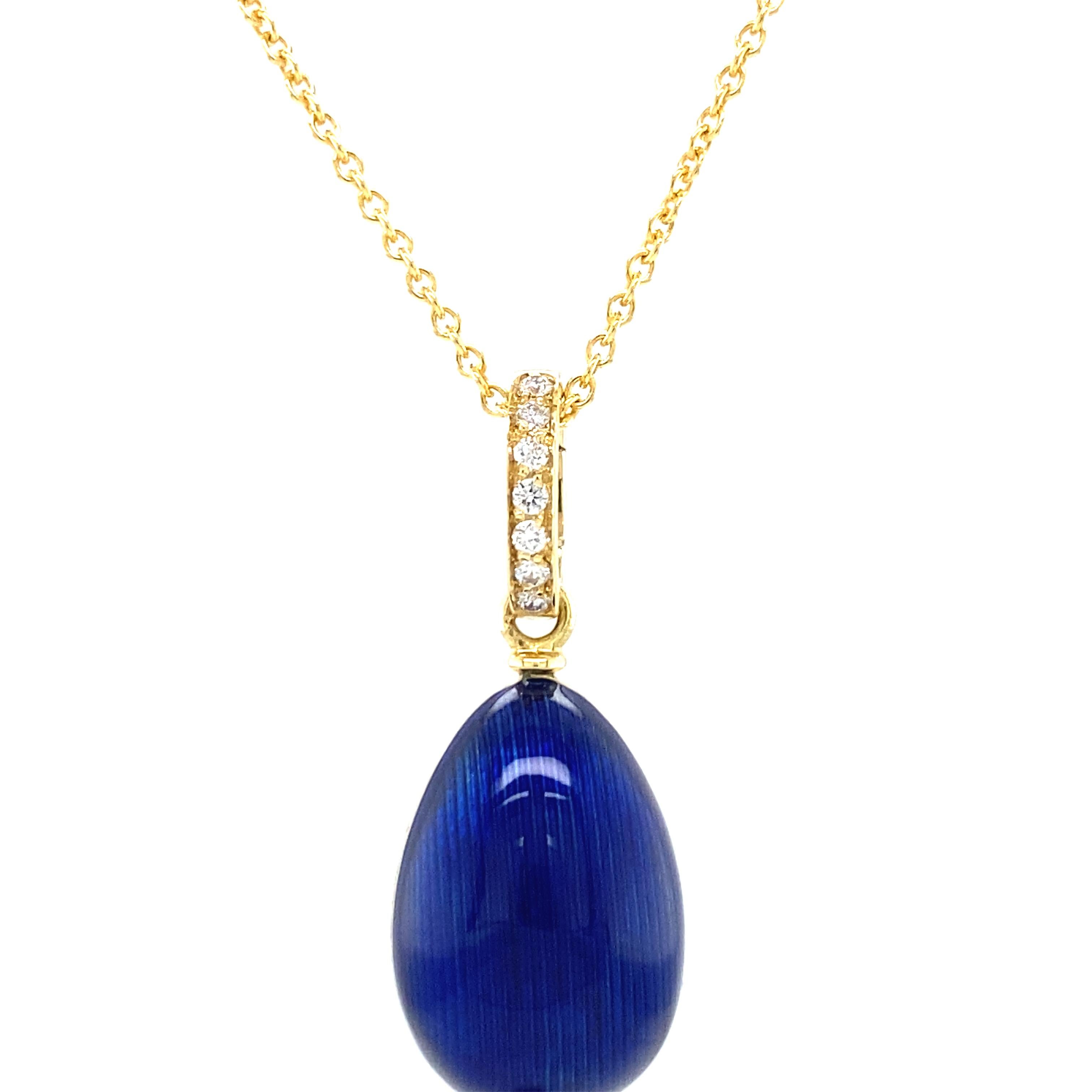 Egg Shaped Pendant Necklace, 18k Yellow Gold, Blue Enamel 7 Diamonds 0, 16ct For Sale 1