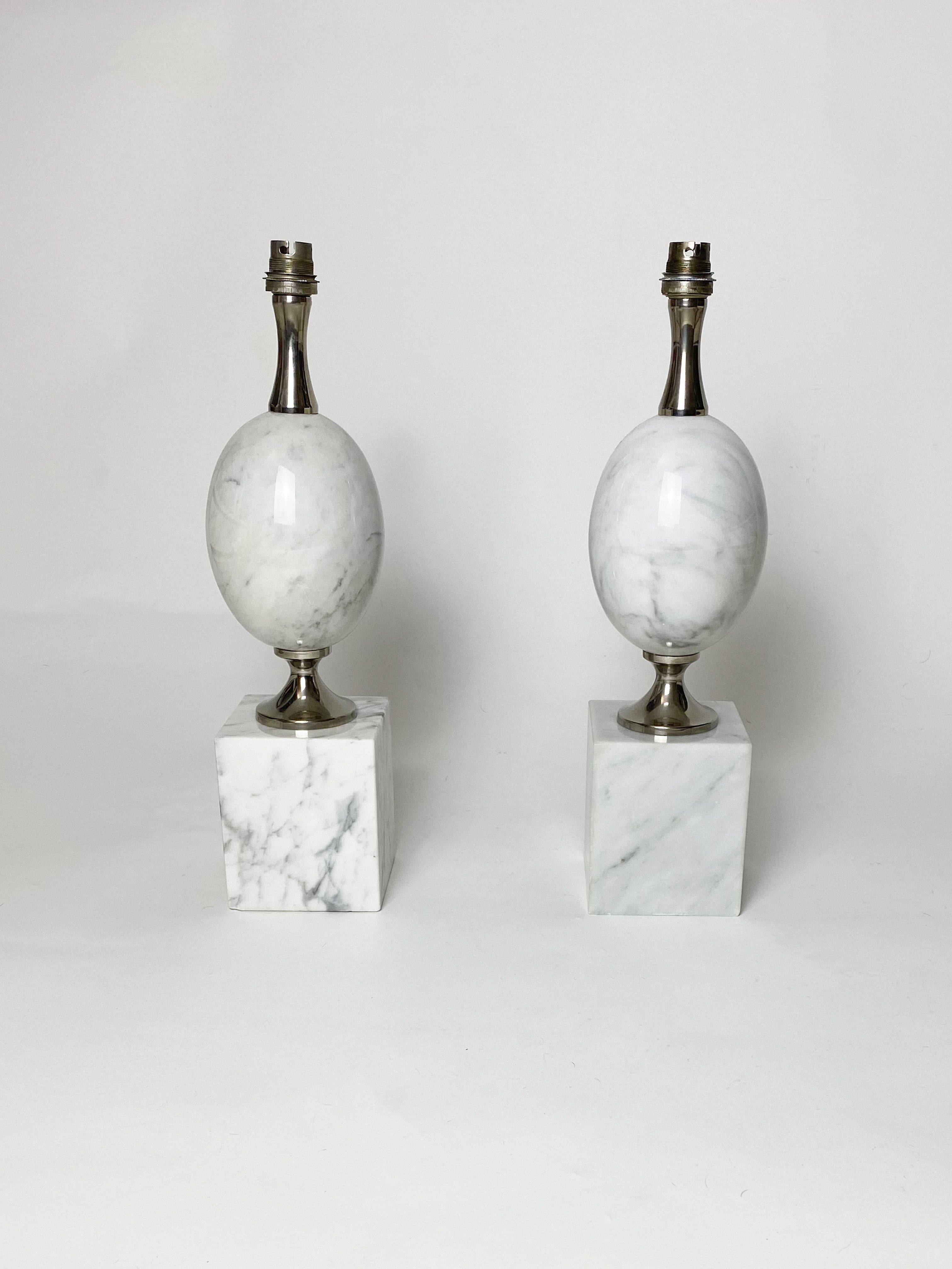 Egg-Shaped Table Lamp in White Carrara Marble by Philippe Barbier, 1960s, Set of 2.