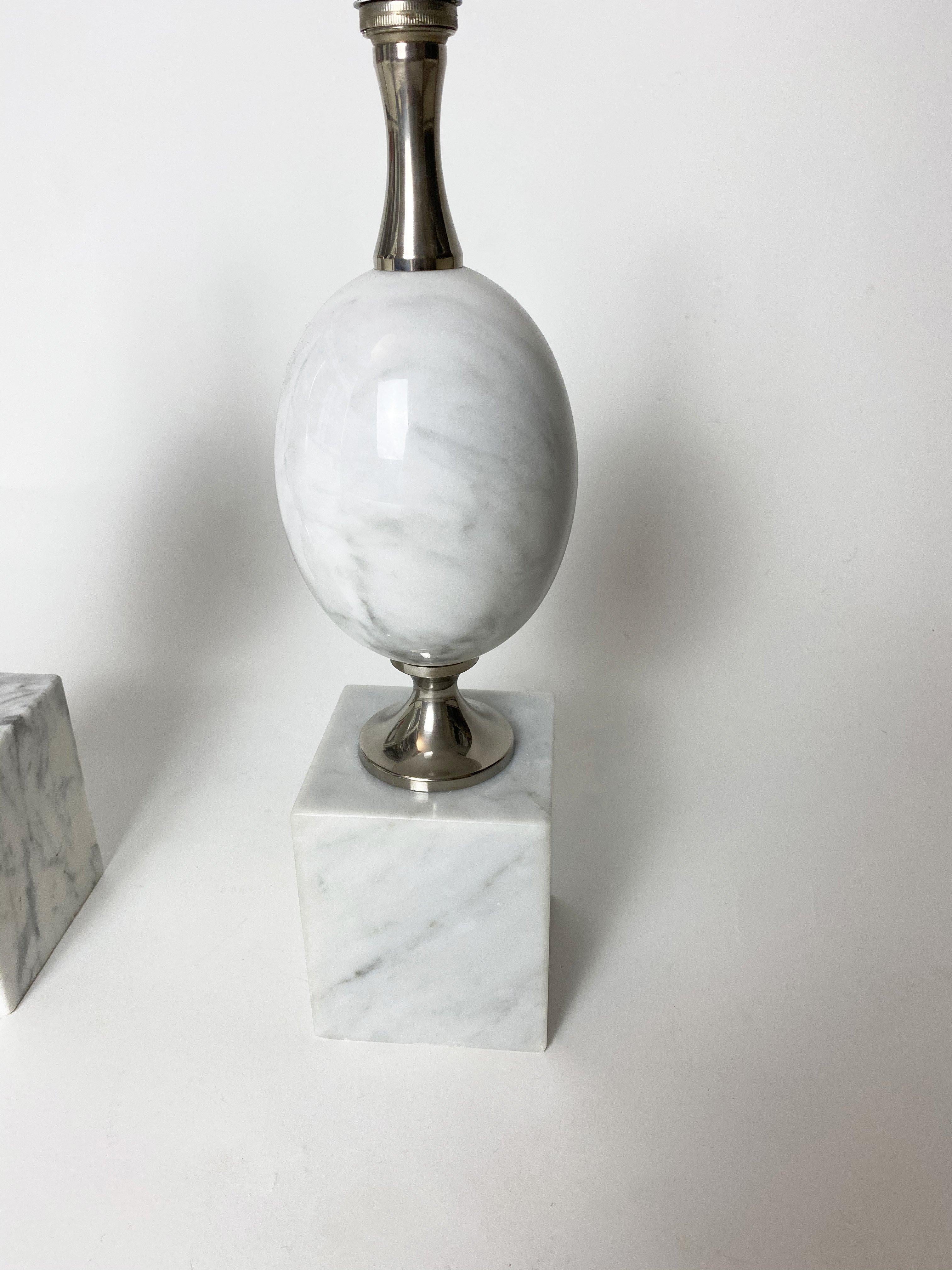 French Egg-Shaped Table Lamp in White Marble by Philippe Barbier, 1960s, Set of 2.