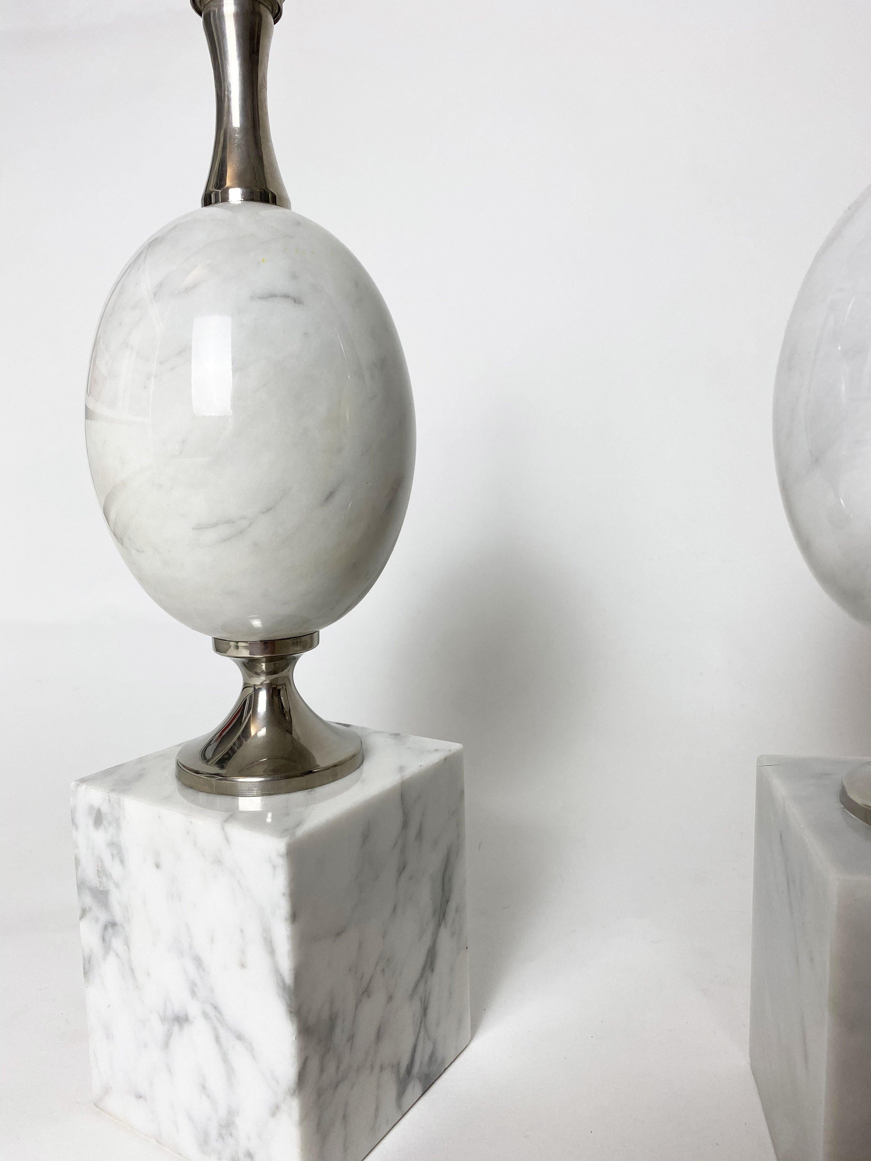 Metal Egg-Shaped Table Lamp in White Marble by Philippe Barbier, 1960s, Set of 2.