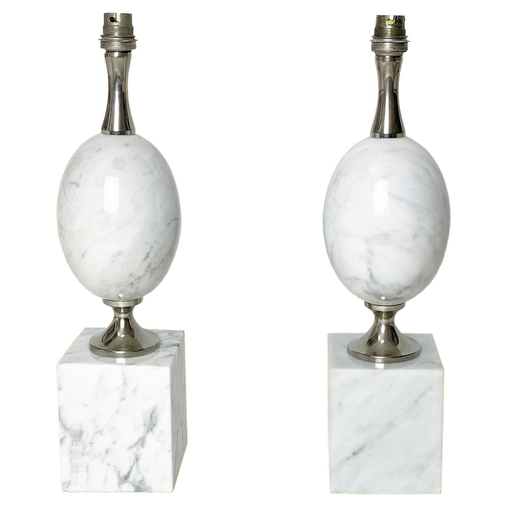 Egg-Shaped Table Lamp in White Marble by Philippe Barbier, 1960s, Set of 2.