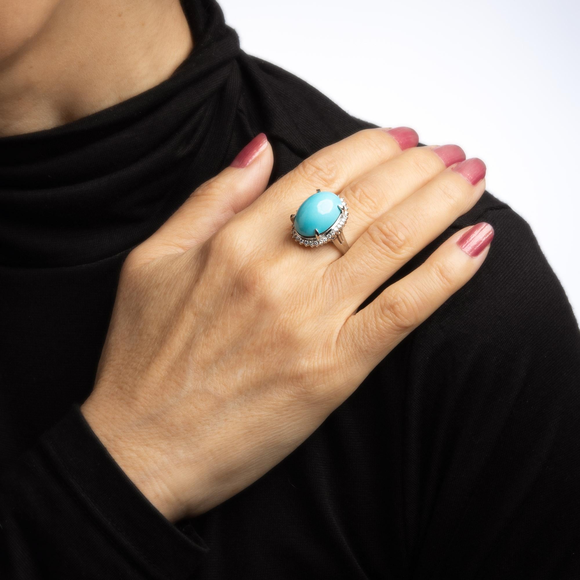 Modern Egg Shell Blue Turquoise Diamond Ring Platinum Estate Large Cocktail Jewelry For Sale