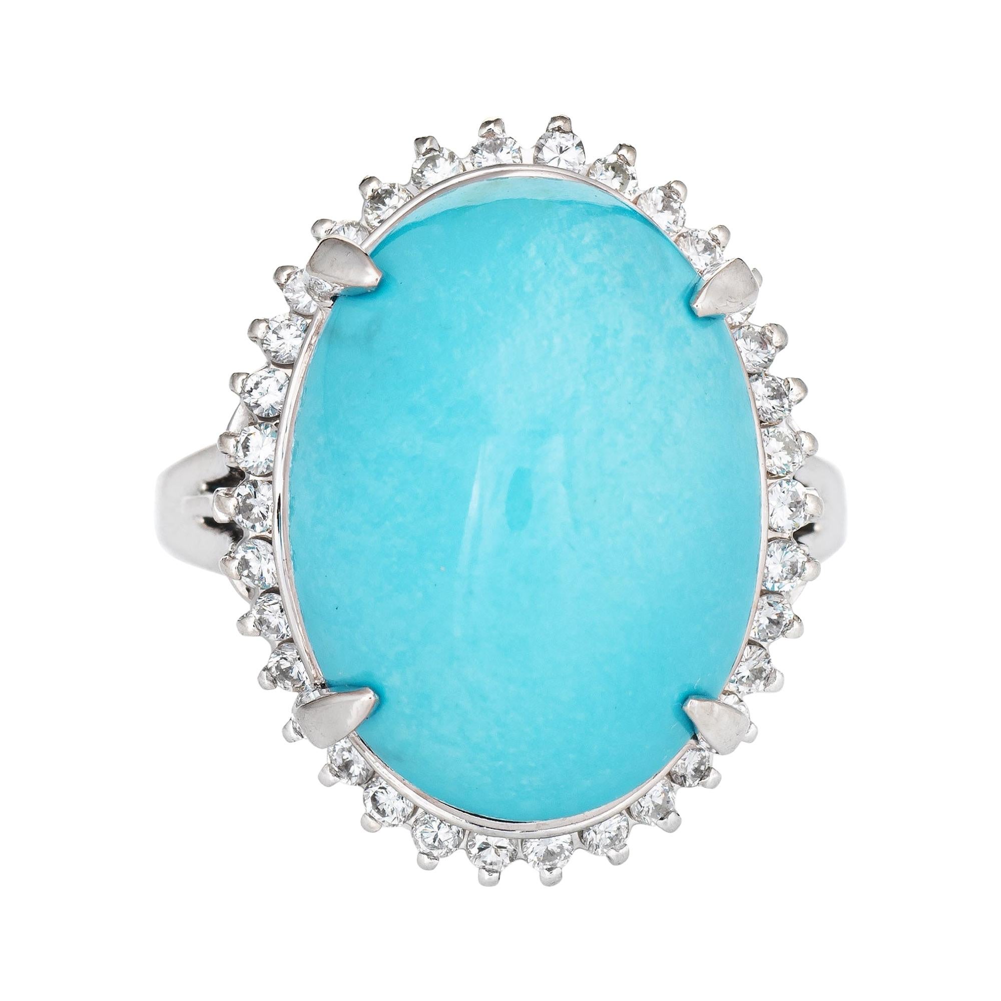 Egg Shell Blue Turquoise Diamond Ring Platinum Estate Large Cocktail Jewelry For Sale
