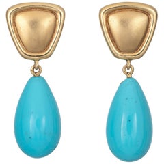 Egg Shell Blue Turquoise Earrings 18 Karat Yellow Gold Tear Drop Fine Jewelry