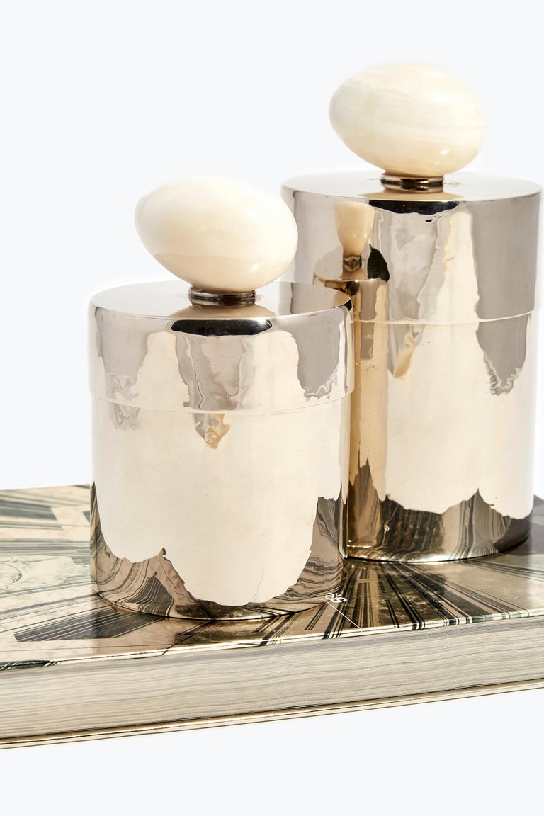 Hand-Carved EGG Small Jar, Cream Onyx & Alpaca Silver For Sale