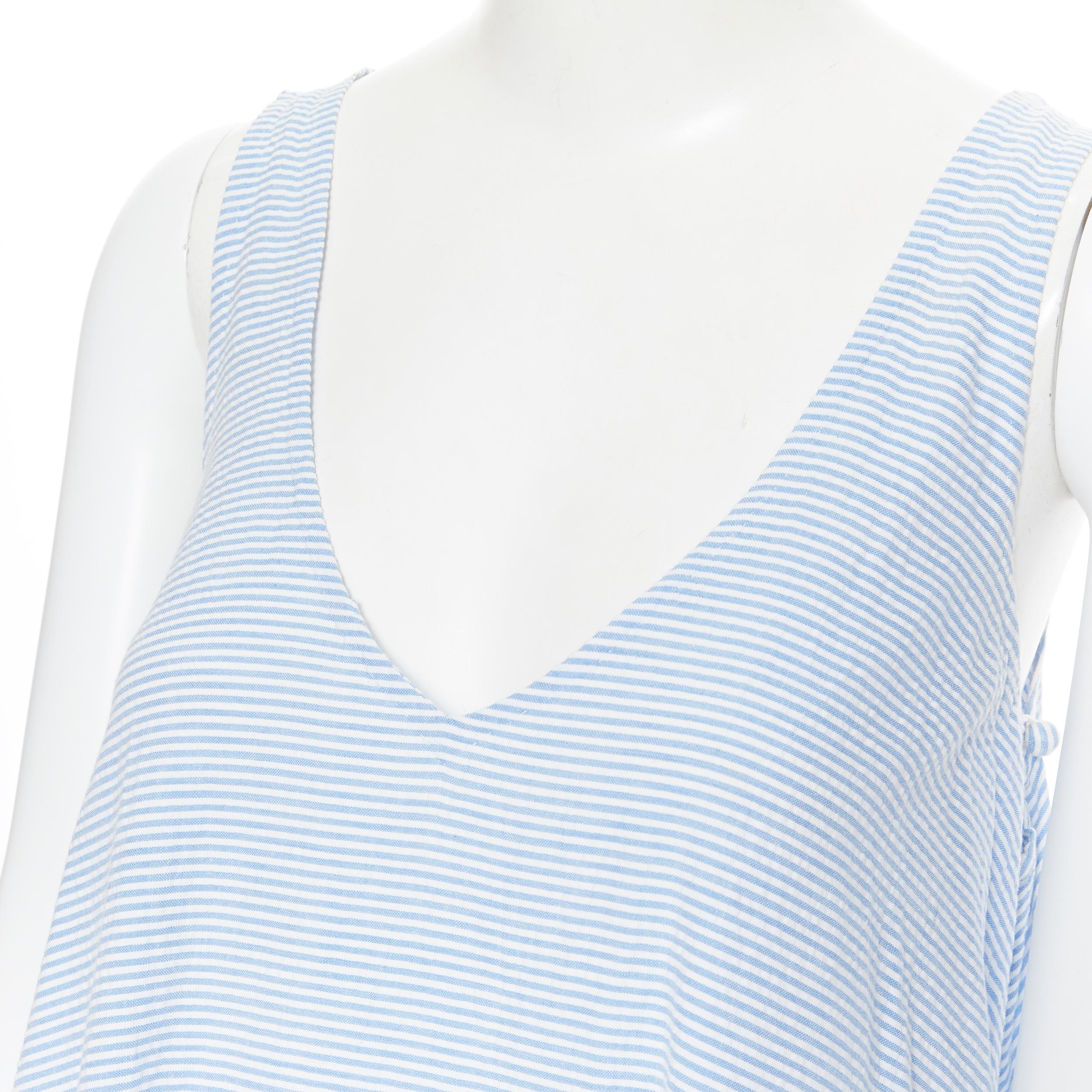 EGG TRADING blue white stripe under arm button V-neck flared maxi dress S 1