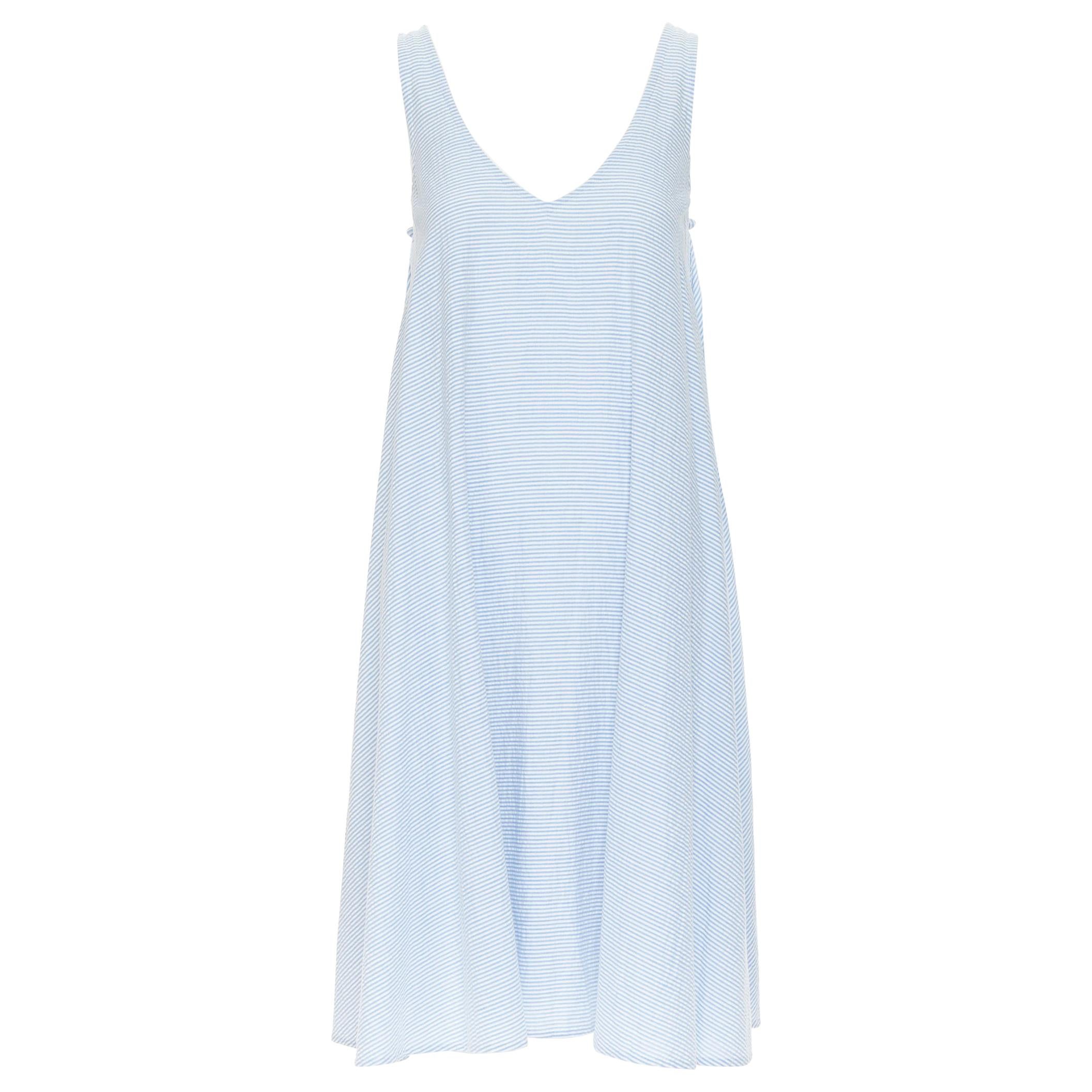 EGG TRADING blue white stripe under arm button V-neck flared maxi dress S