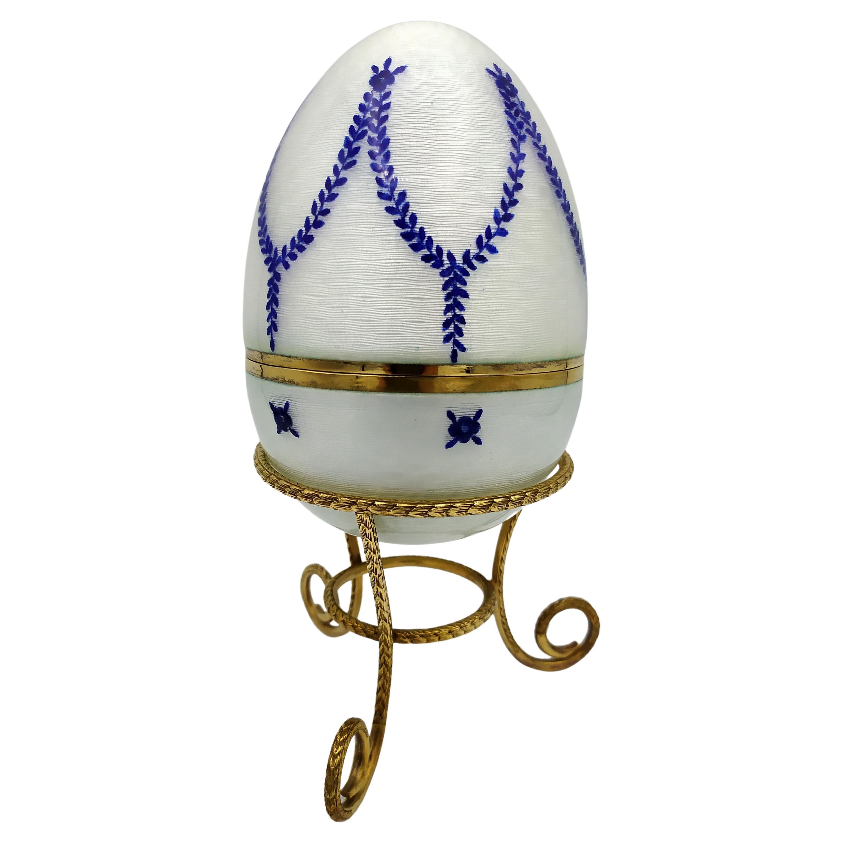 Egg White with blue garlands in Russian Art Nouveau style Sterling Silver Salimb