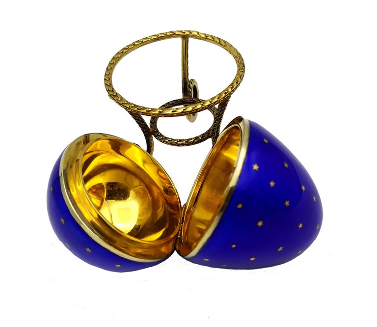 Enamel Egg with Tripod Sterling Silver Gold Paillons Stars of Sky