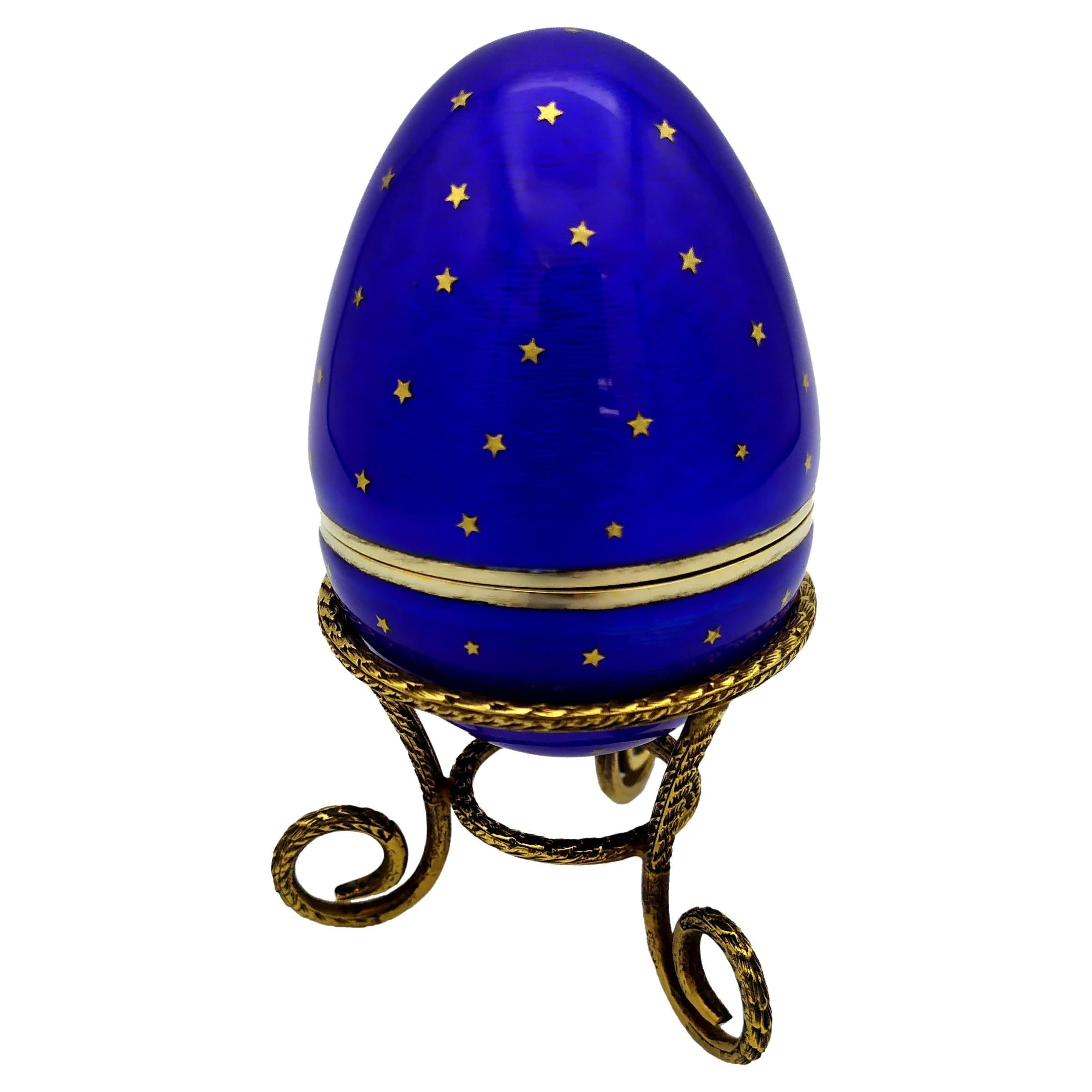 Enamel Egg with Tripod Sterling Silver Gold Paillons Stars of Sky Salimbeni For Sale