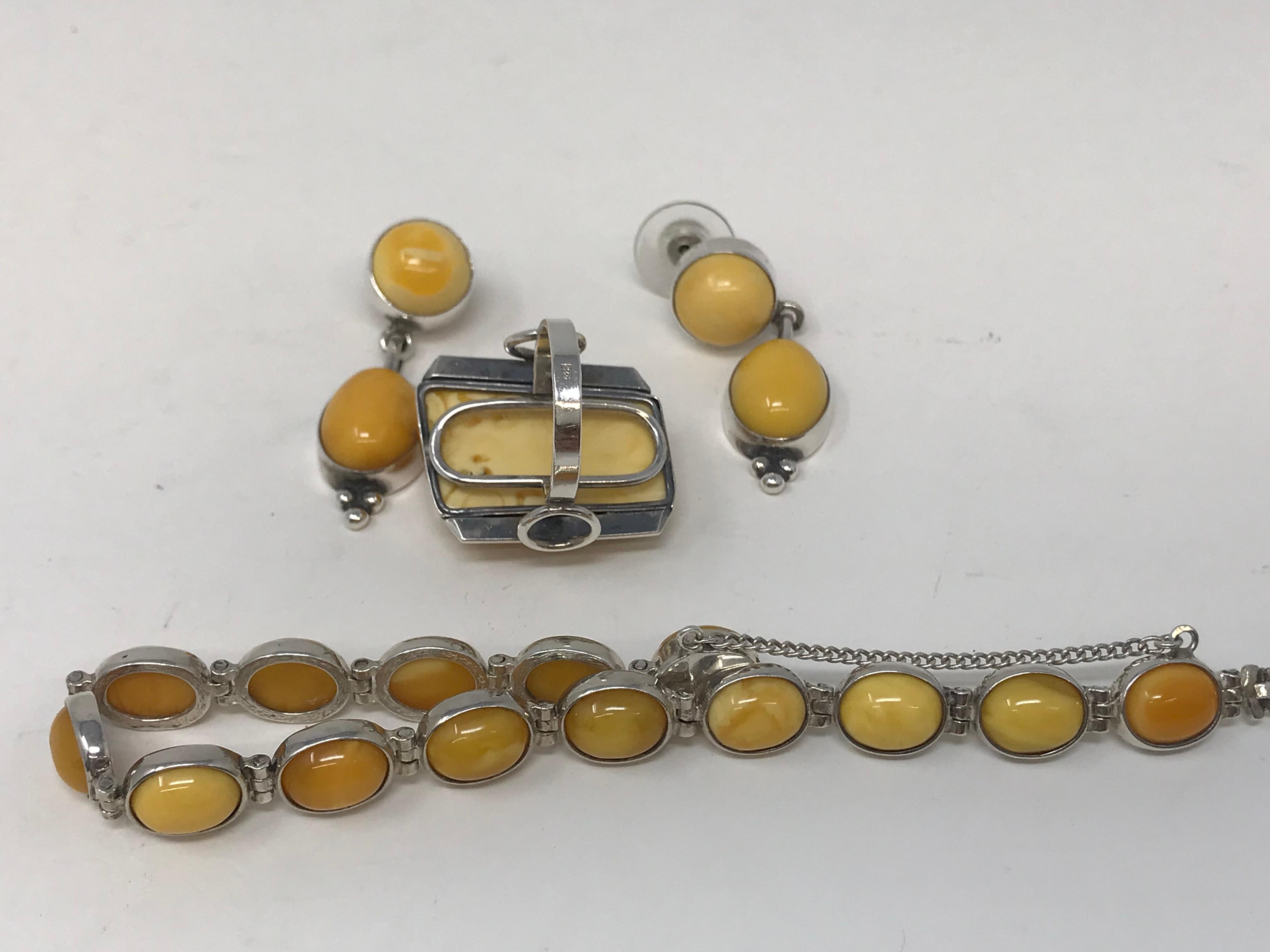 Women's or Men's Egg Yolk and Amber Silver Set of Bracelet Earrings & Ring For Sale