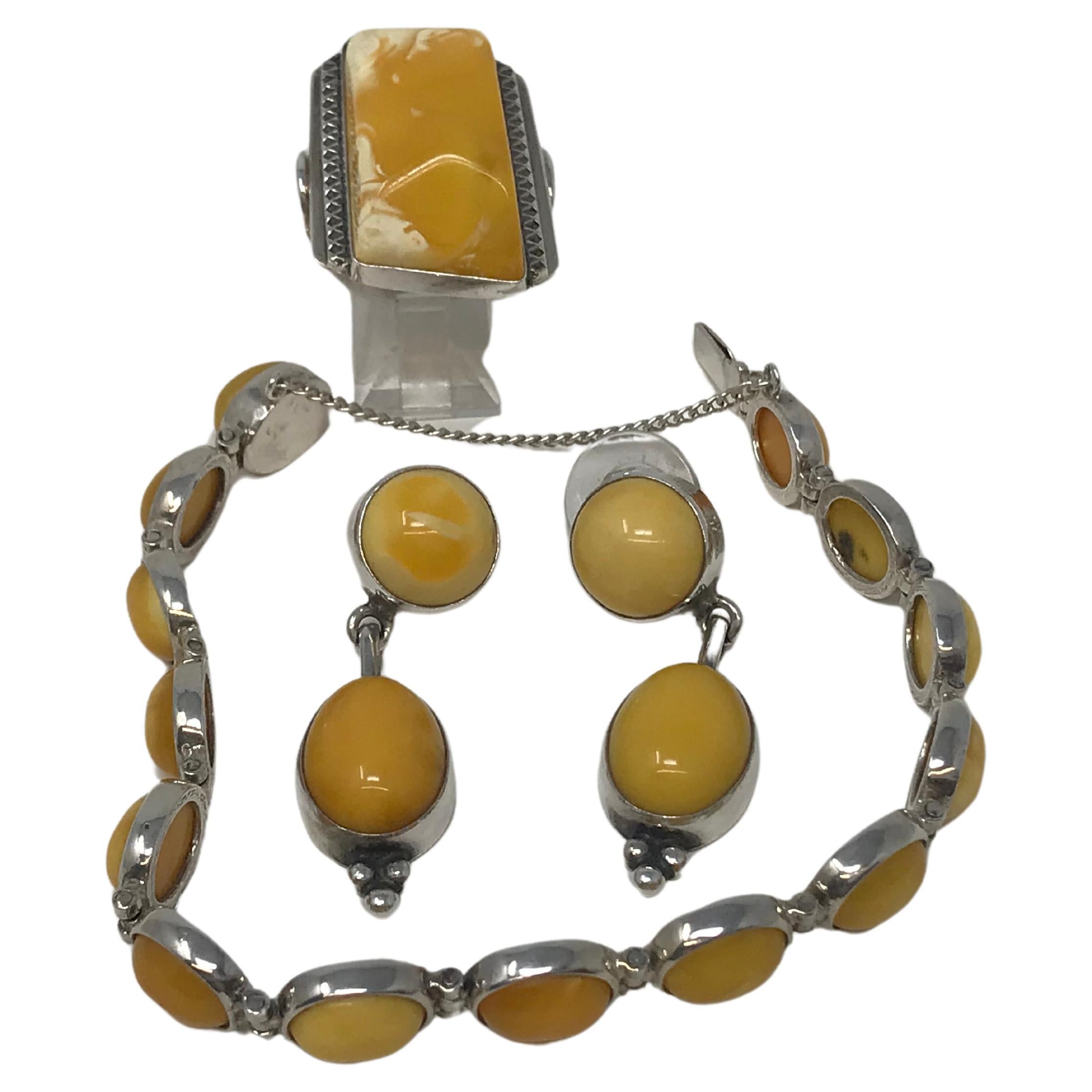 Egg Yolk and Amber Silver Set of Bracelet Earrings & Ring For Sale