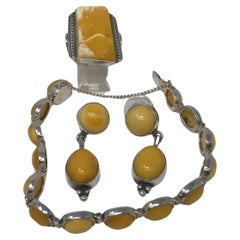 Vintage Egg Yolk and Amber Silver Set of Bracelet Earrings & Ring
