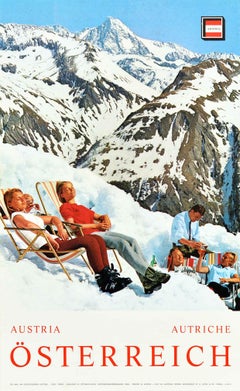 Affiche rétro originale de voyage d'hiver Autriche, Osterreich, Ski, Photo de bain de soleil