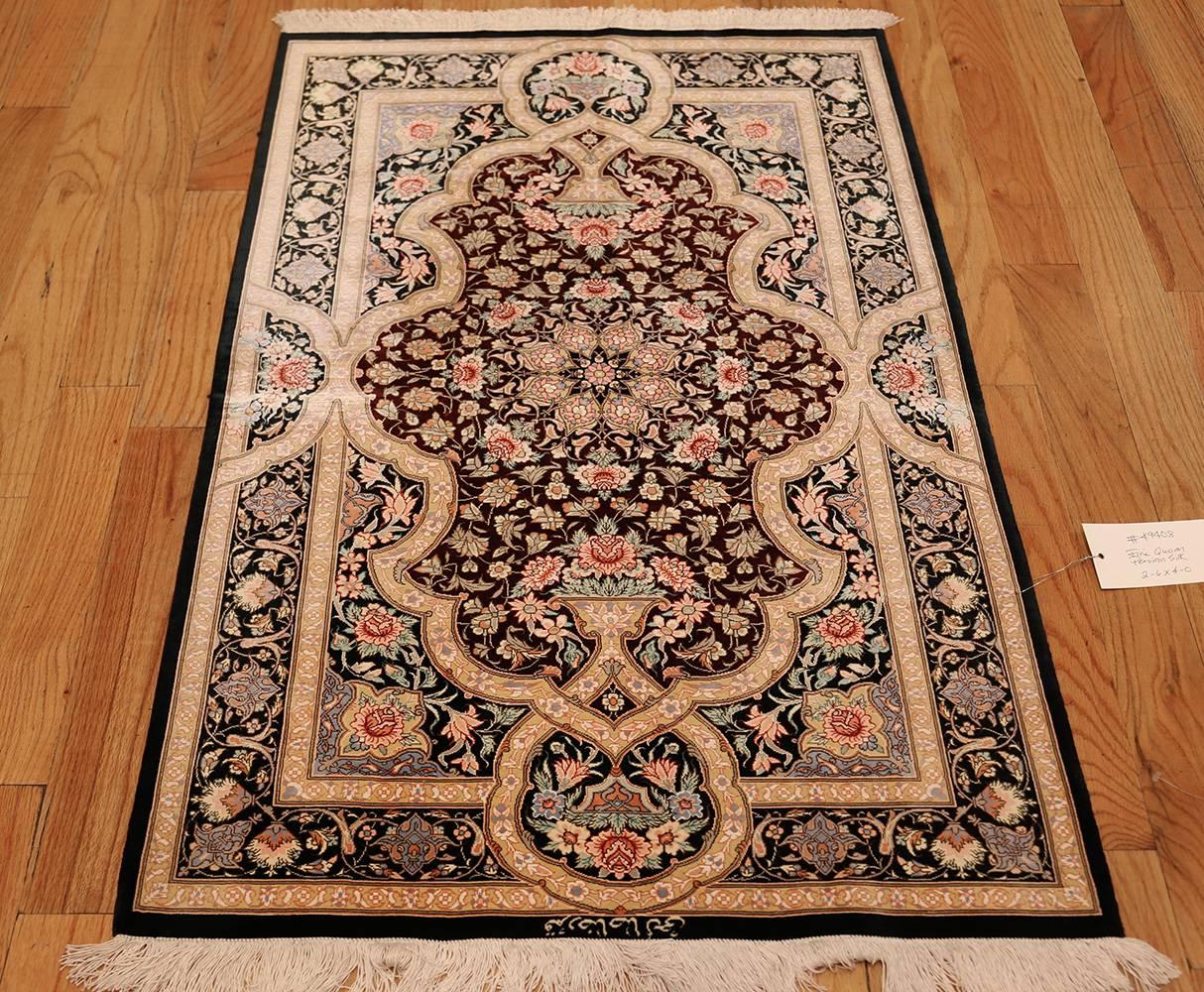 20th Century Eggplant Background Fine Modern Silk Persian Qum Rug. Size: 2 ft 6 in x 4 ft 