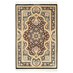 Eggplant Background Fine Modern Silk Persian Qum Rug. Size: 2 ft 6 in x 4 ft