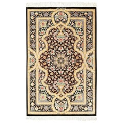 Eggplant Background Fine Modern Silk Persian Qum Rug. Size: 2 ft 6 in x 4 ft 