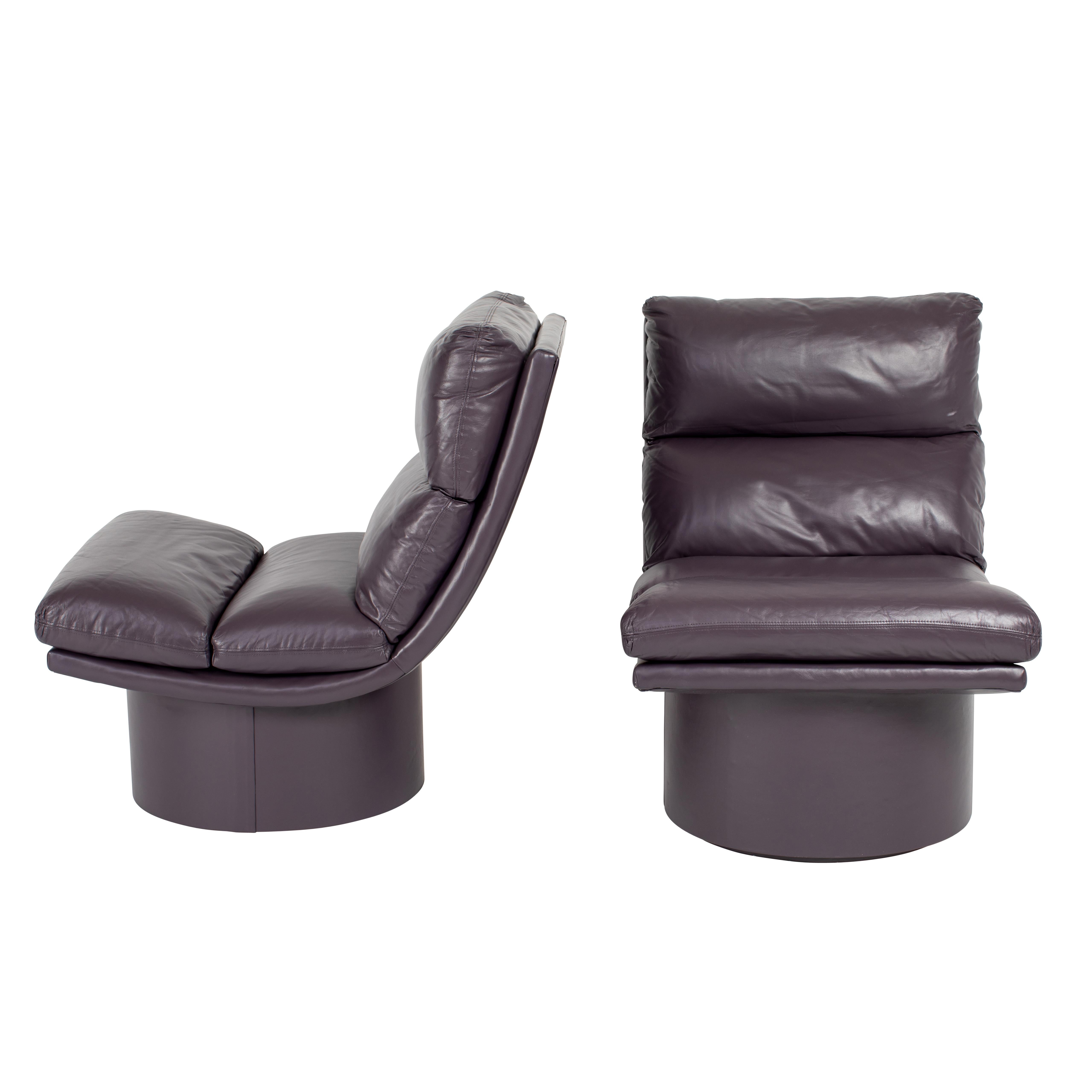 Eggplant Leather Scoop Chairs on Swivel Bases, circa 1980s