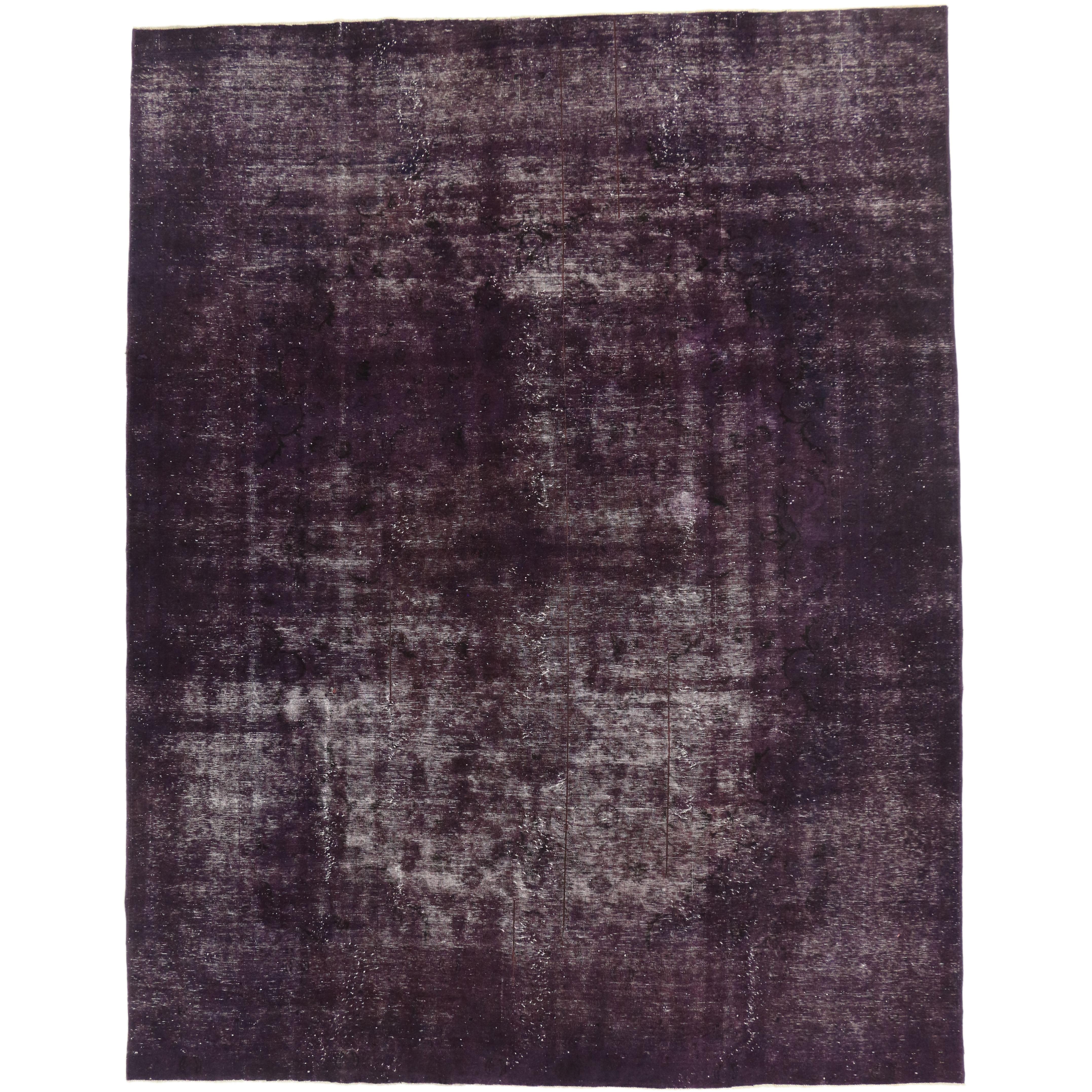 Eggplant-Plum Overdyed Distressed Vintage Turkish Rug with Industrial Luxe Style