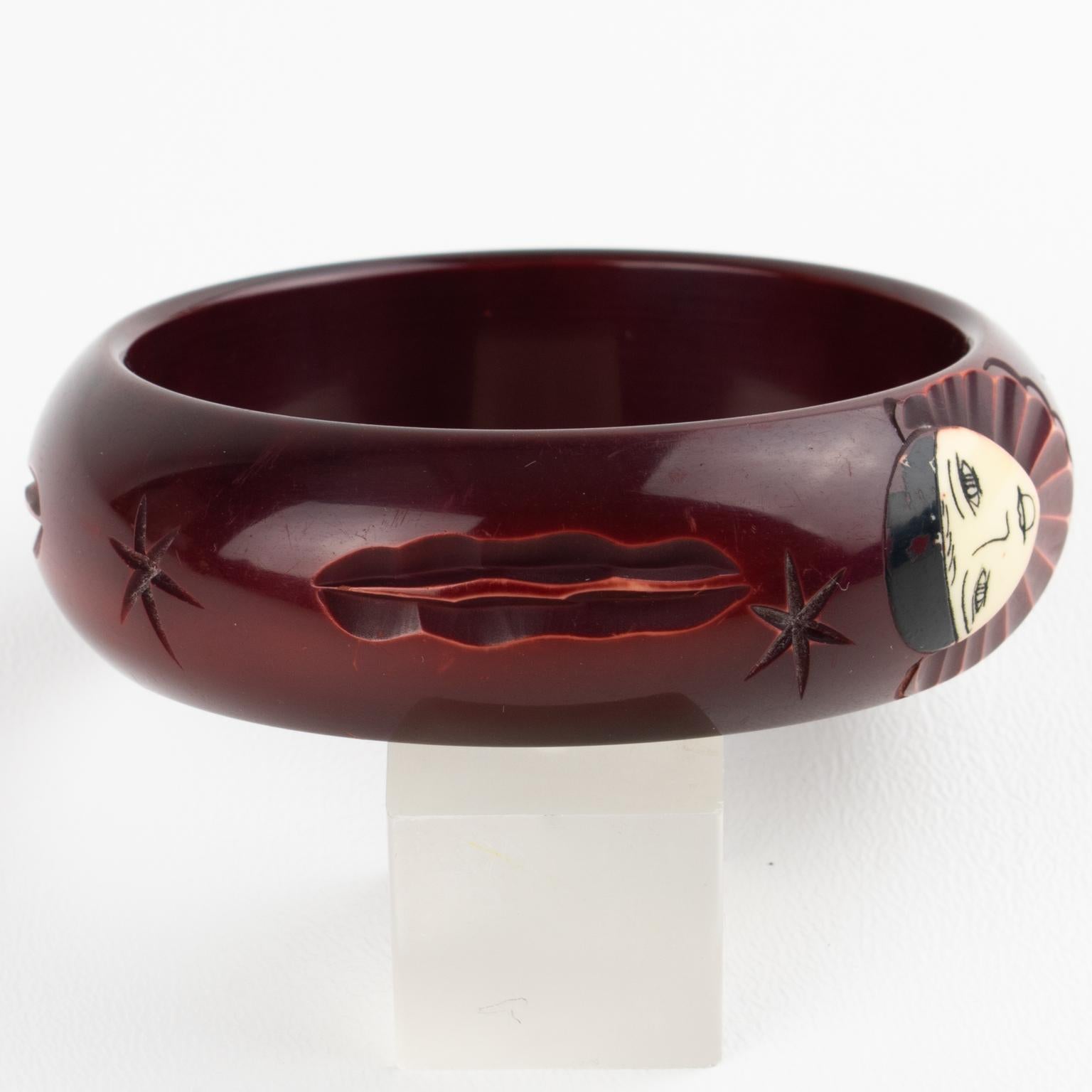 Eggplant Purple Galalith Bracelet Bangle with Pierrot Carved Design For Sale 5