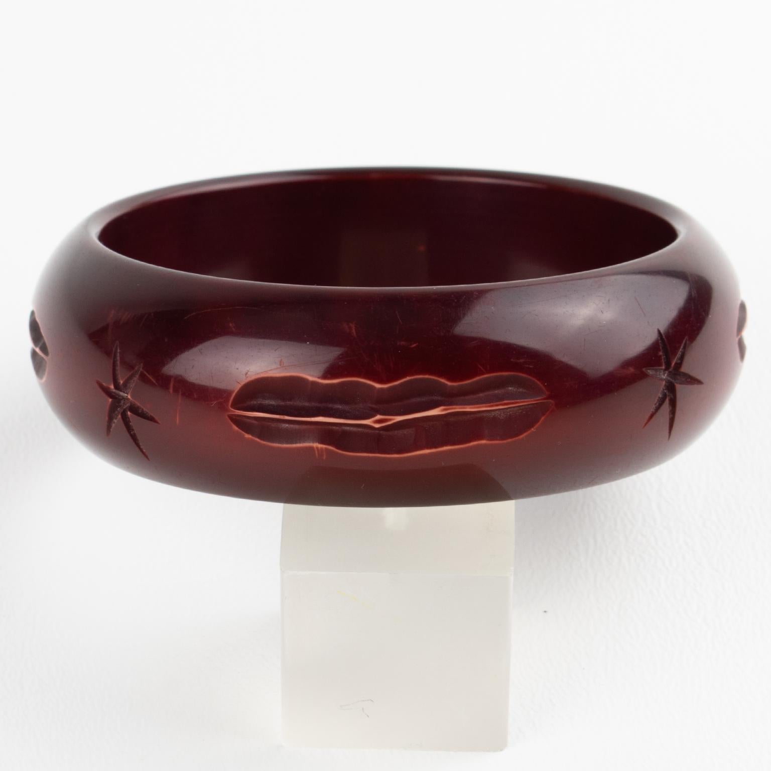 Eggplant Purple Galalith Bracelet Bangle with Pierrot Carved Design For Sale 6