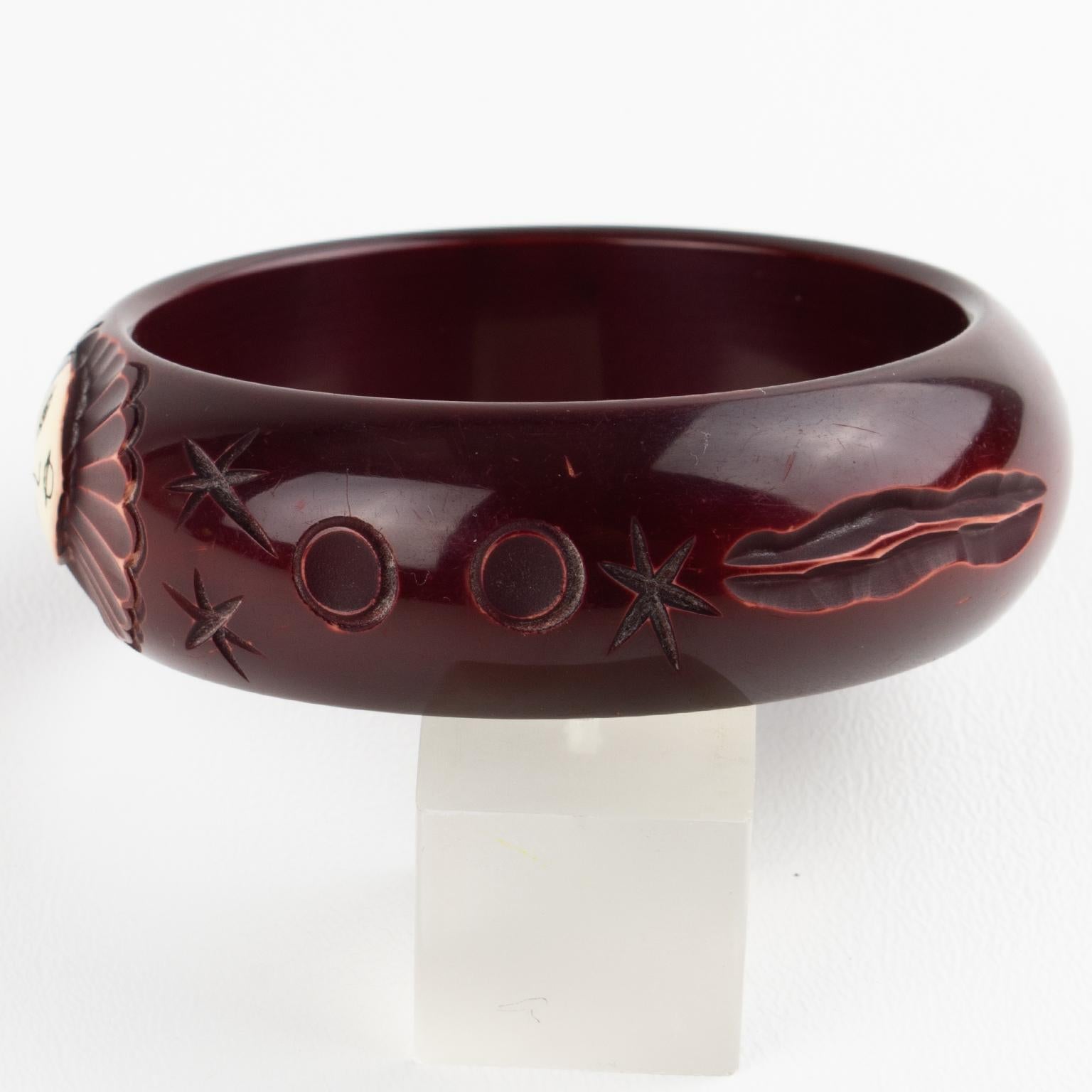 Eggplant Purple Galalith Bracelet Bangle with Pierrot Carved Design For Sale 7
