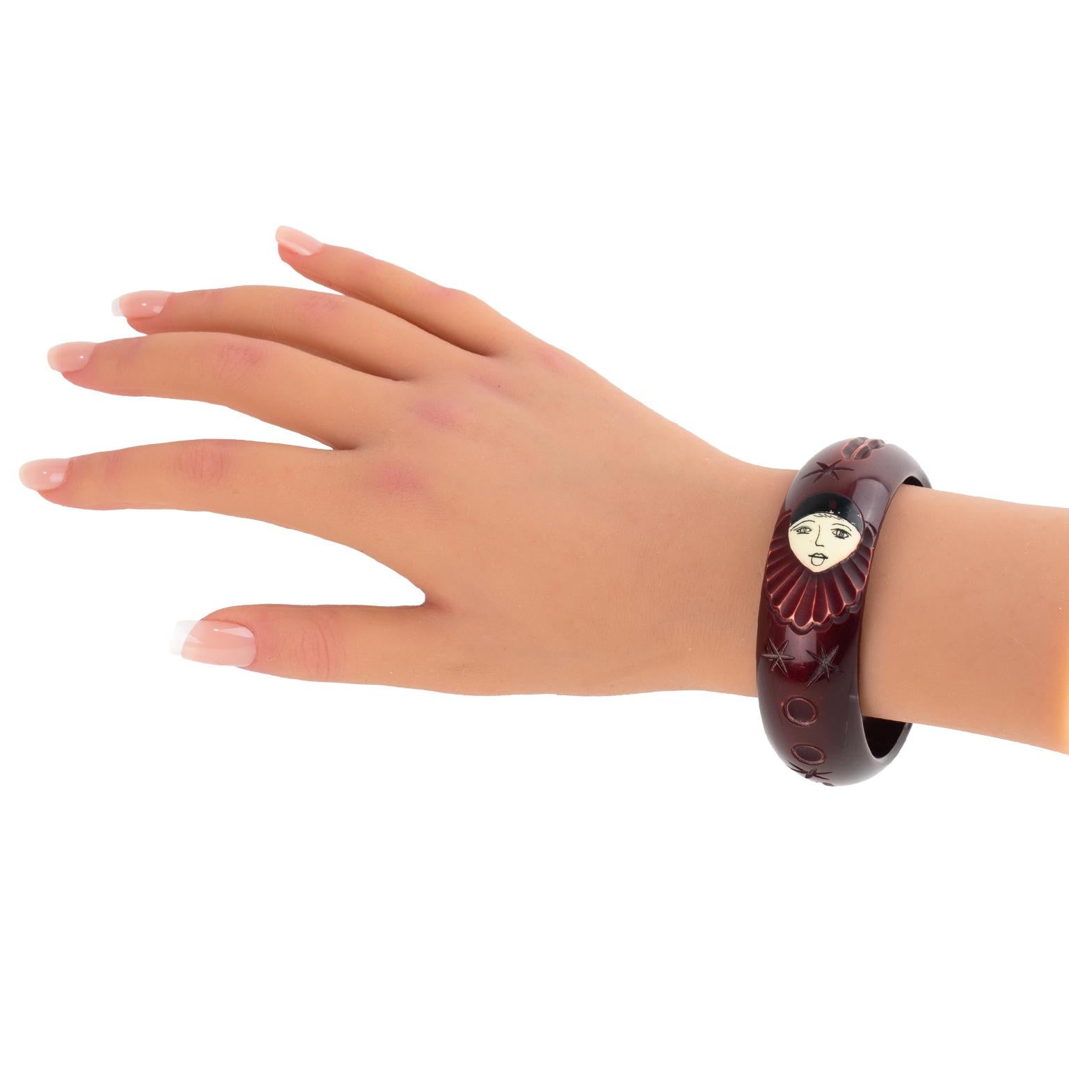 Eggplant Purple Galalith Bracelet Bangle with Pierrot Carved Design For Sale 8