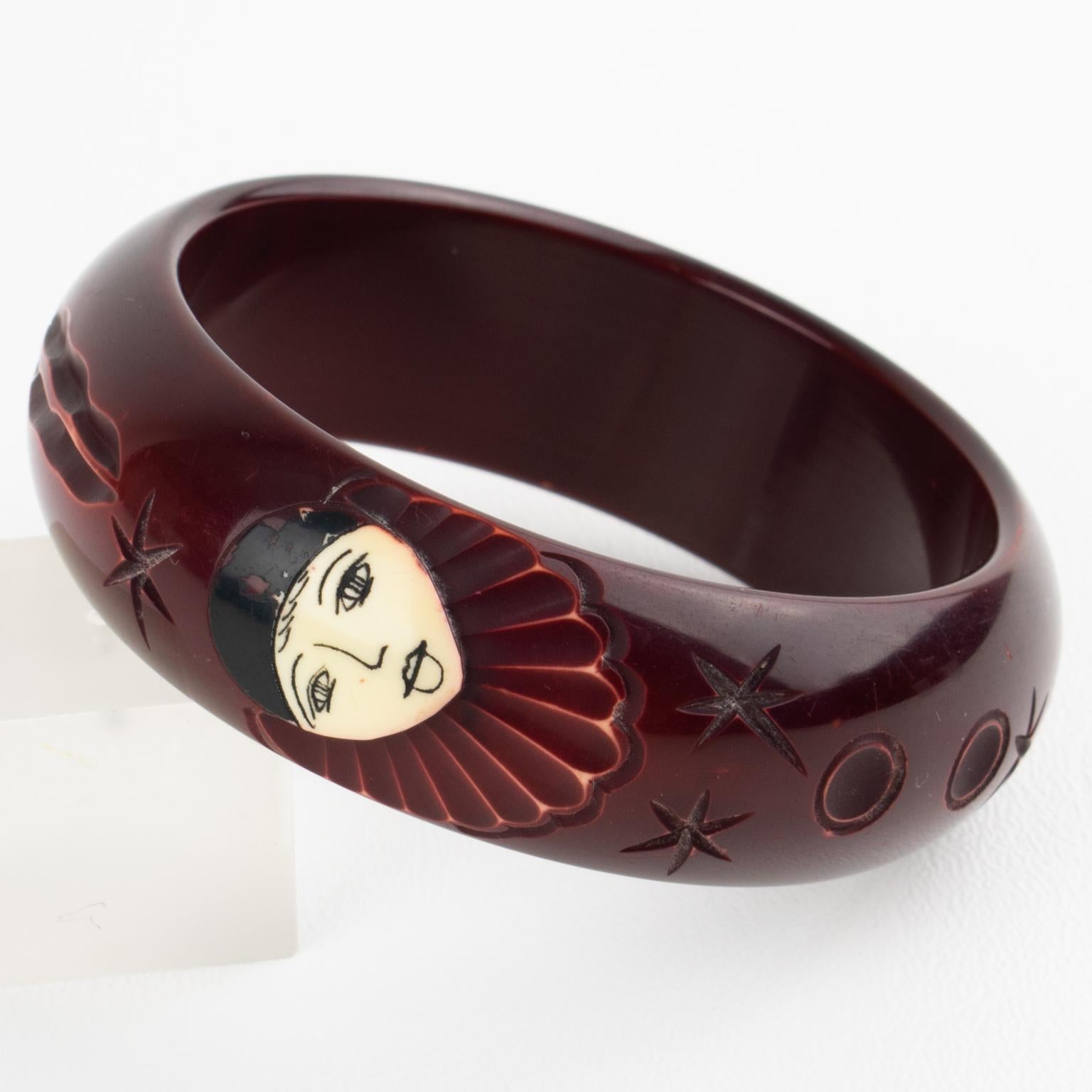 Art Deco Eggplant Purple Galalith Bracelet Bangle with Pierrot Carved Design For Sale
