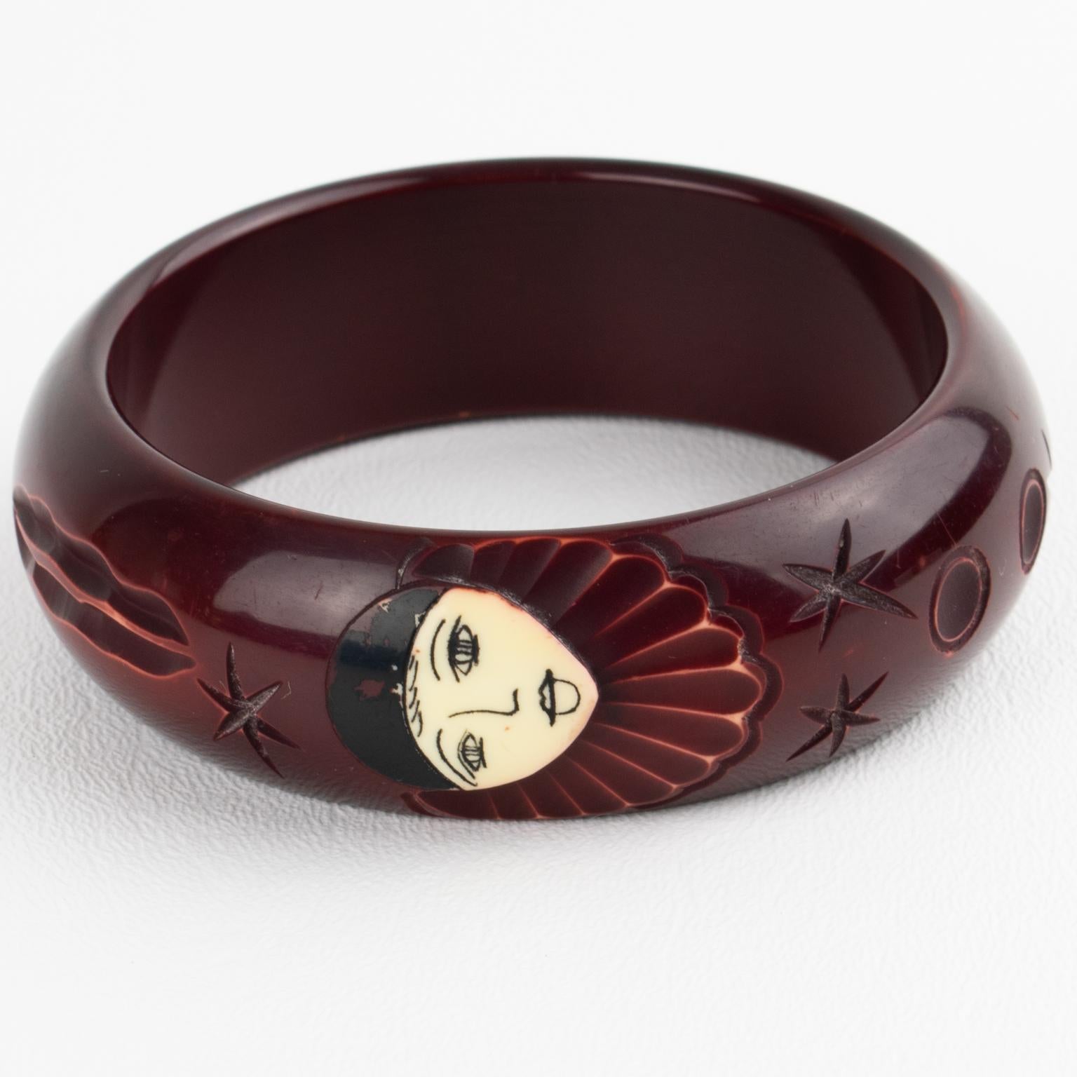 Eggplant Purple Galalith Bracelet Bangle with Pierrot Carved Design In Good Condition For Sale In Atlanta, GA