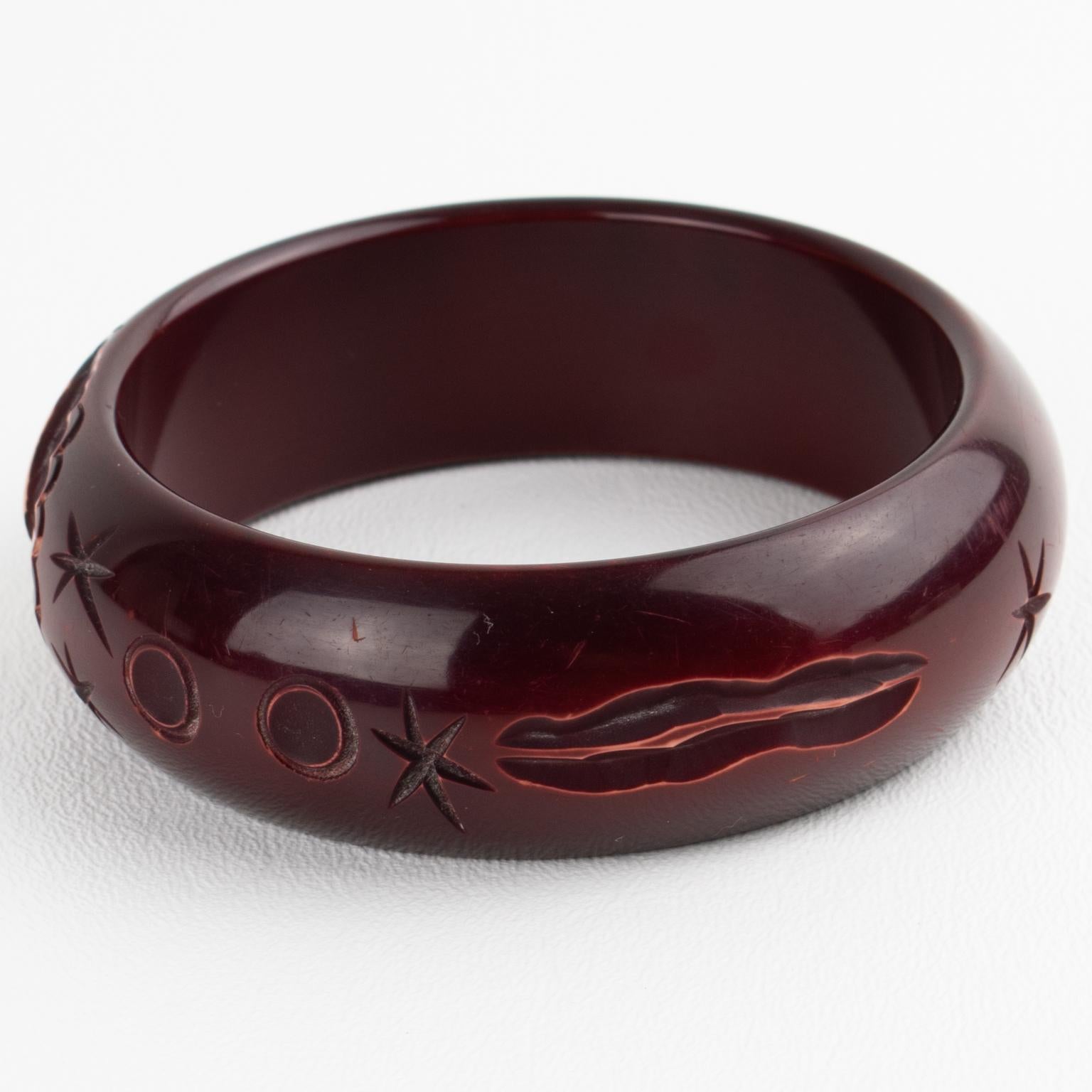 Women's or Men's Eggplant Purple Galalith Bracelet Bangle with Pierrot Carved Design For Sale