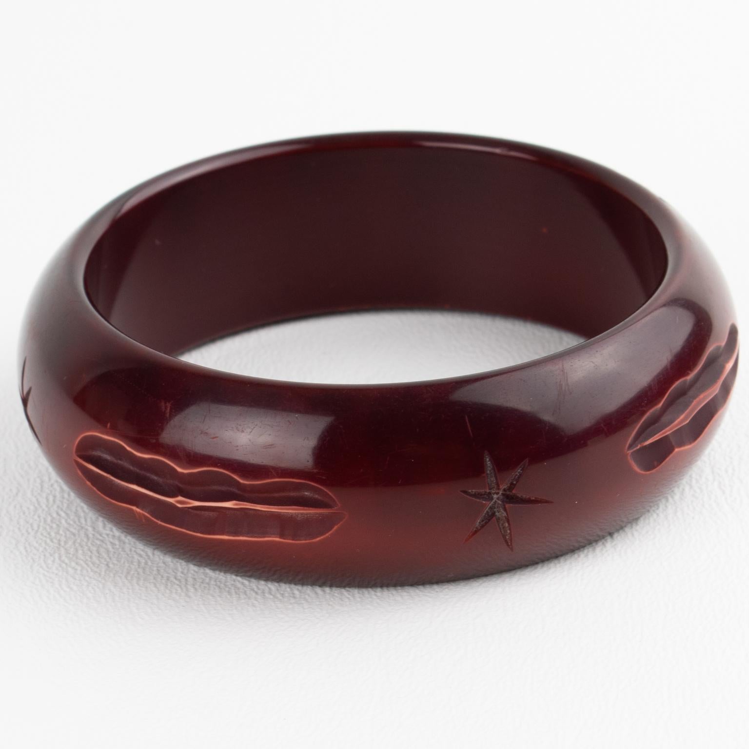 Eggplant Purple Galalith Bracelet Bangle with Pierrot Carved Design For Sale 1