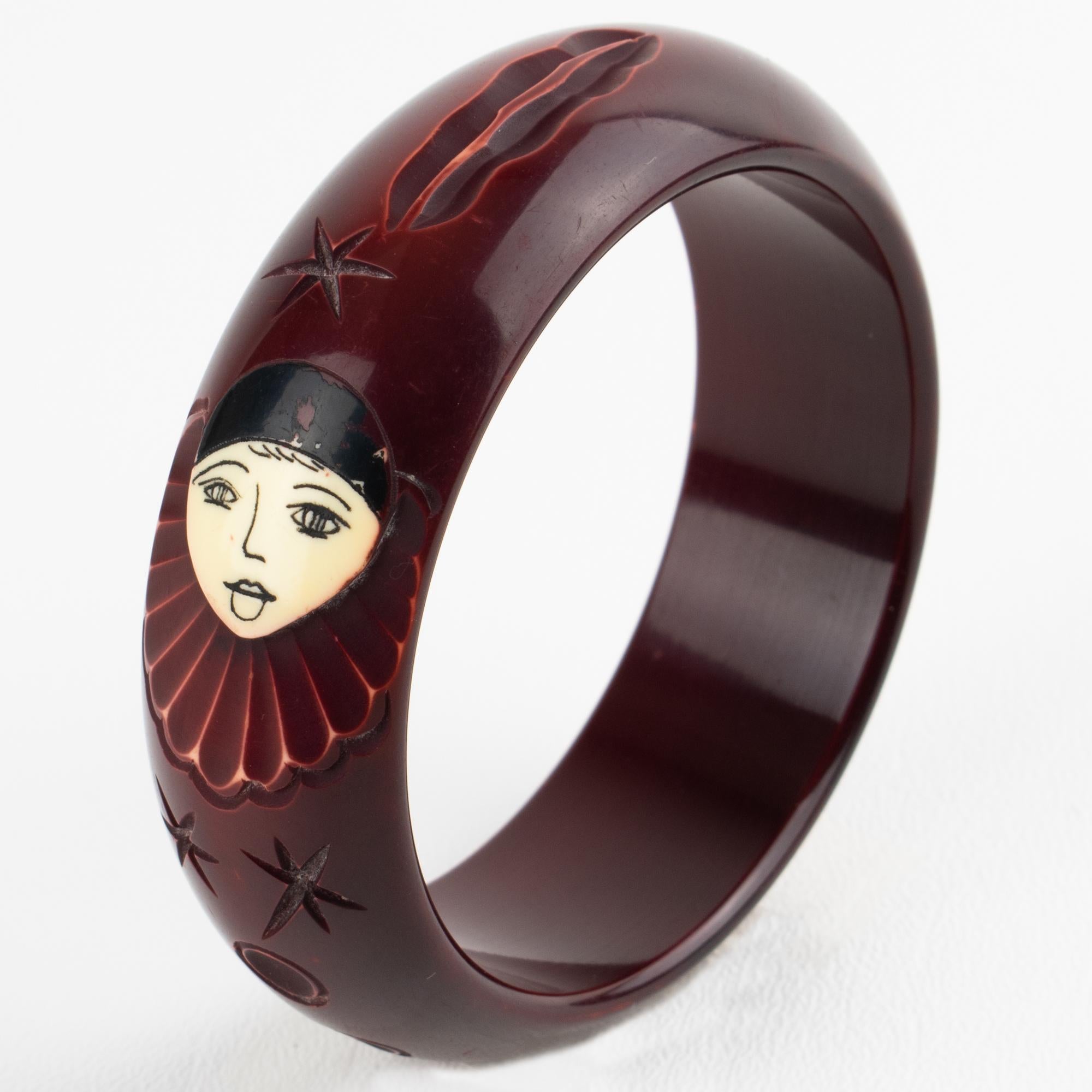 Eggplant Purple Galalith Bracelet Bangle with Pierrot Carved Design For Sale 2