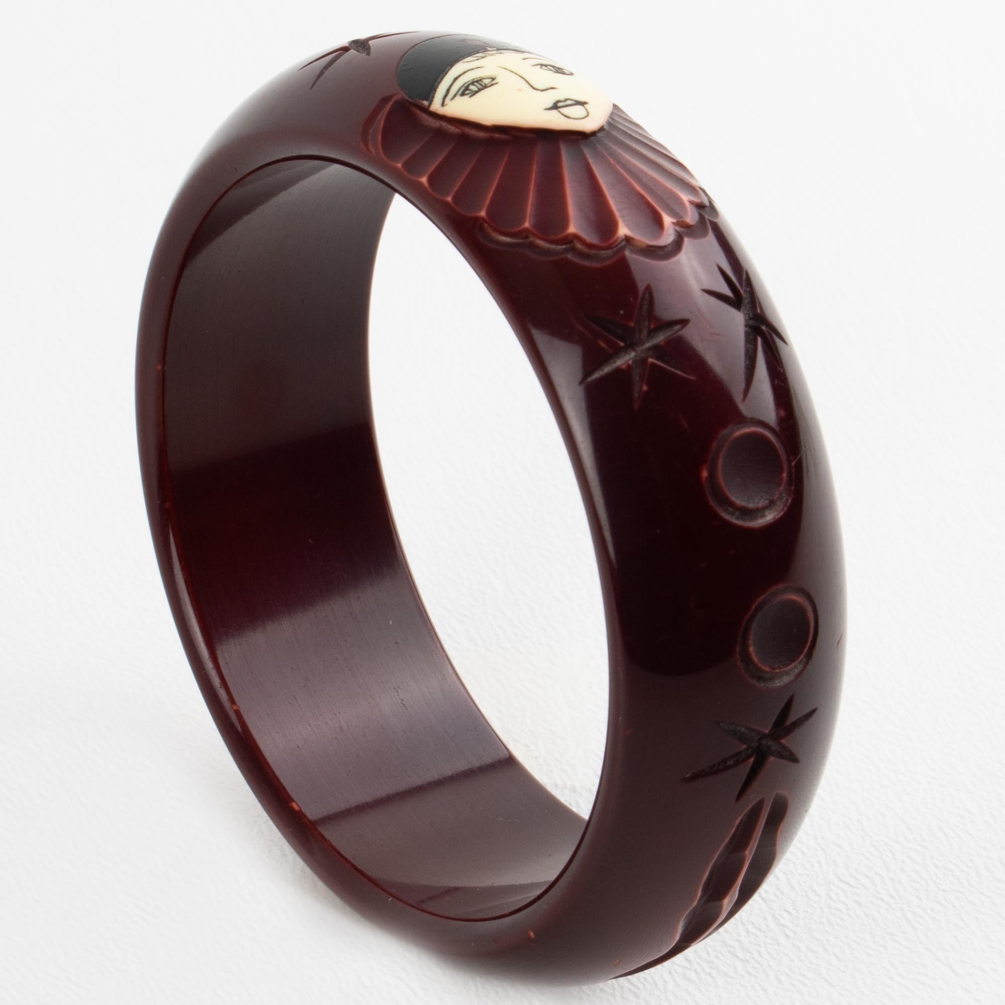 Eggplant Purple Galalith Bracelet Bangle with Pierrot Carved Design For Sale 3