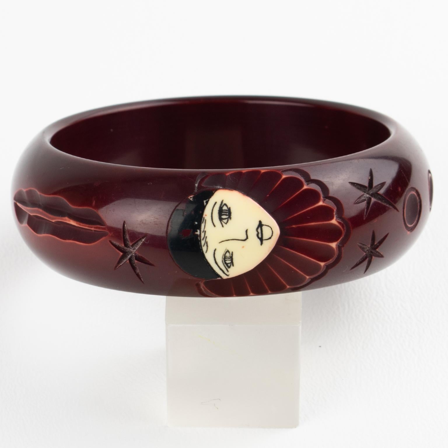 Eggplant Purple Galalith Bracelet Bangle with Pierrot Carved Design For Sale 4