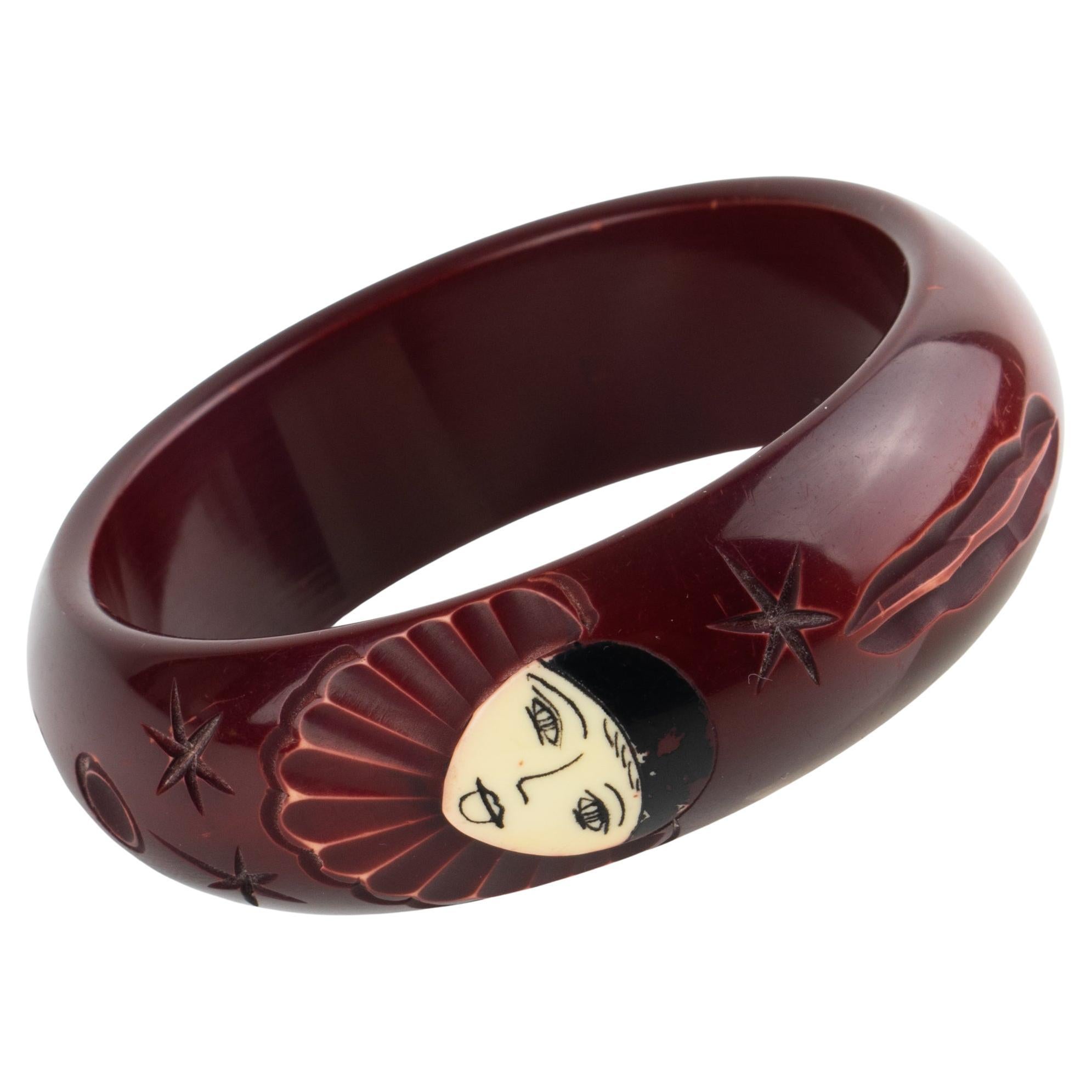 Eggplant Purple Galalith Bracelet Bangle with Pierrot Carved Design For Sale