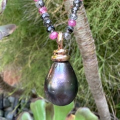 "Eggplant Stack" 15mm Tahitian Pearl Fob in Rose Gold on Tourmaline Necklace