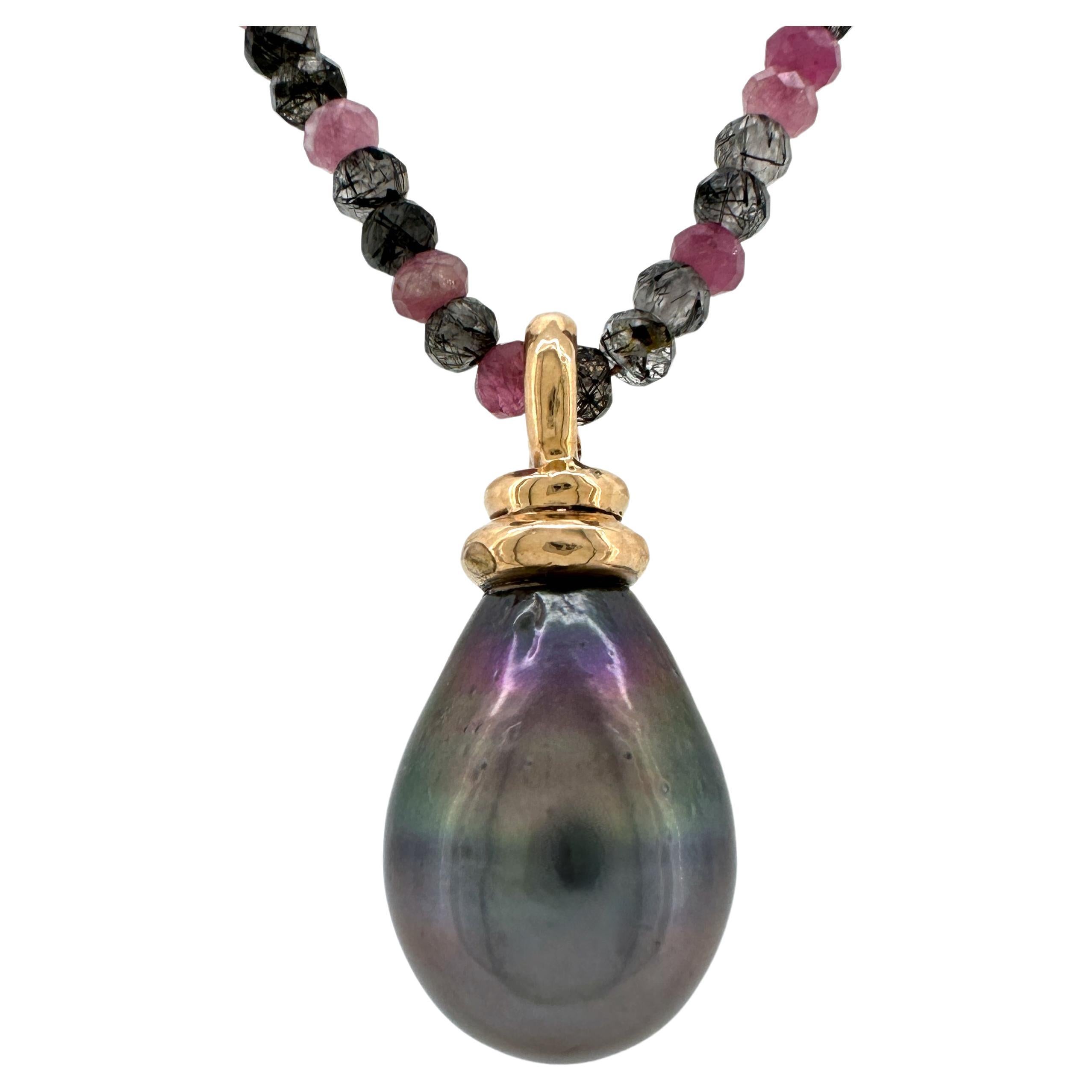 "Eggplant Stack" 15mm Tahitian Pearl Fob in Rose Gold on Tourmaline Necklace For Sale