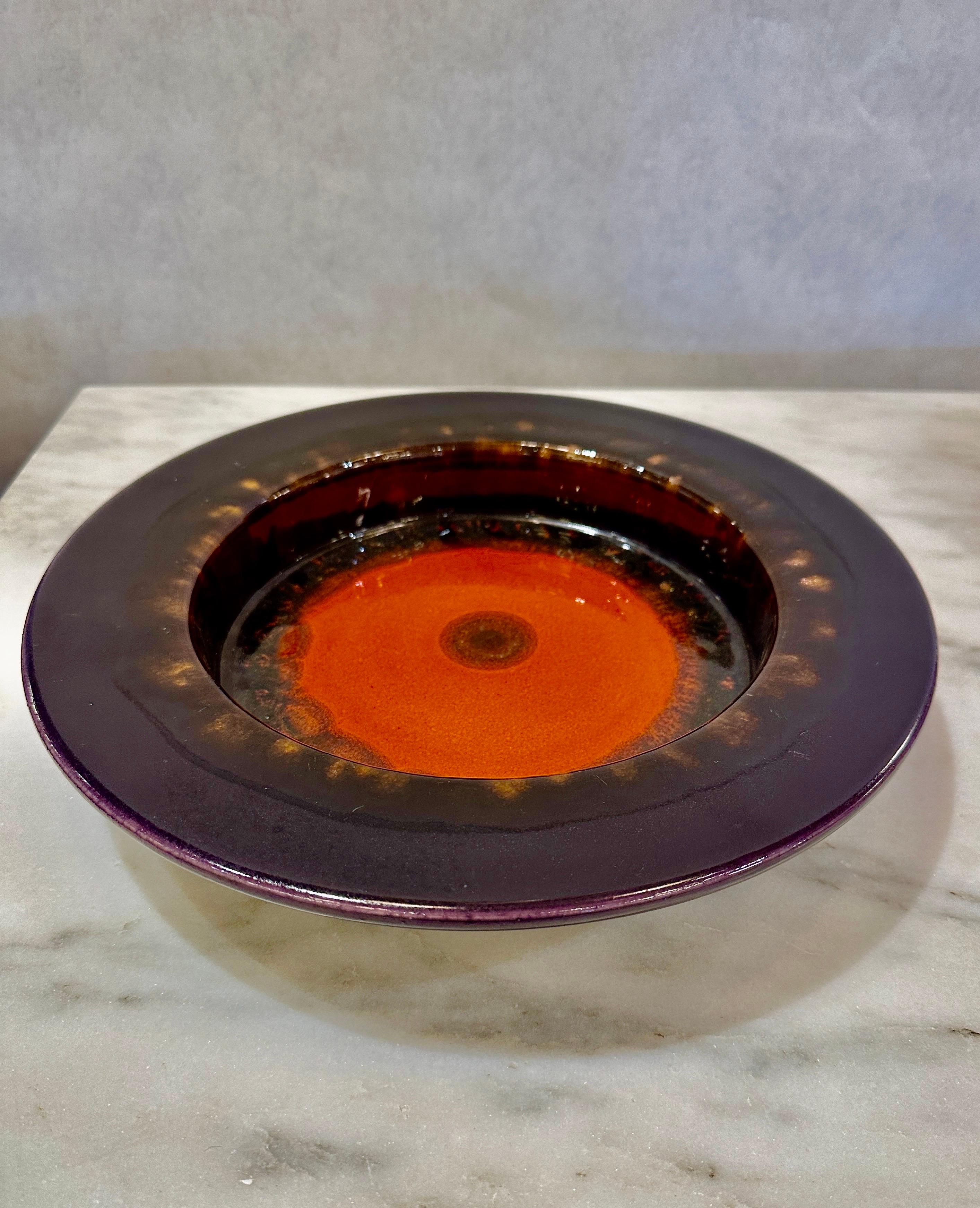 Mid-20th Century Eggplant & Vivid Orange Glazed Ceramic Bowl from West Germany For Sale