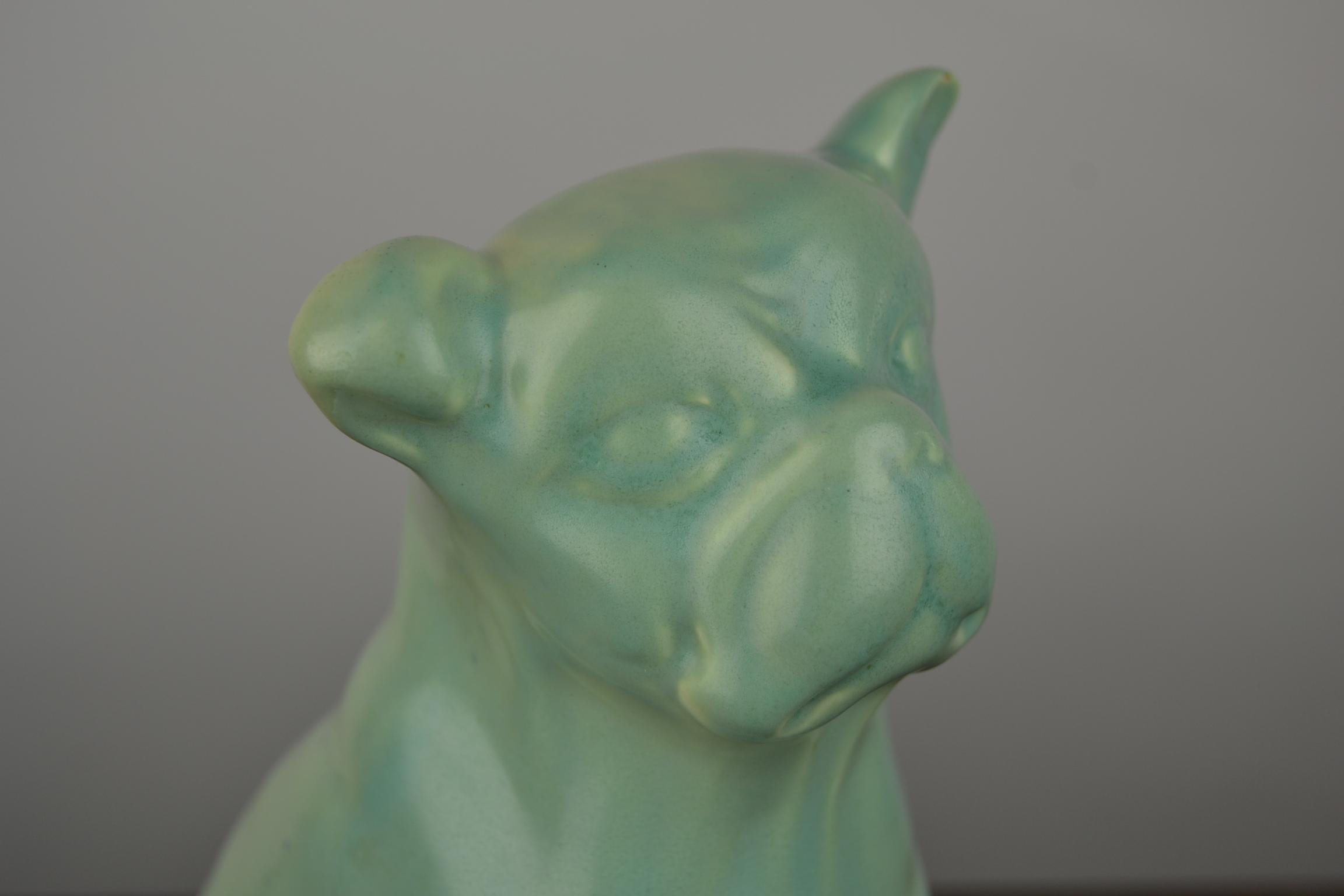 Eggshell Green Art Deco Porcelain Bulldog Figurine, 1930s In Good Condition In Retie, BE