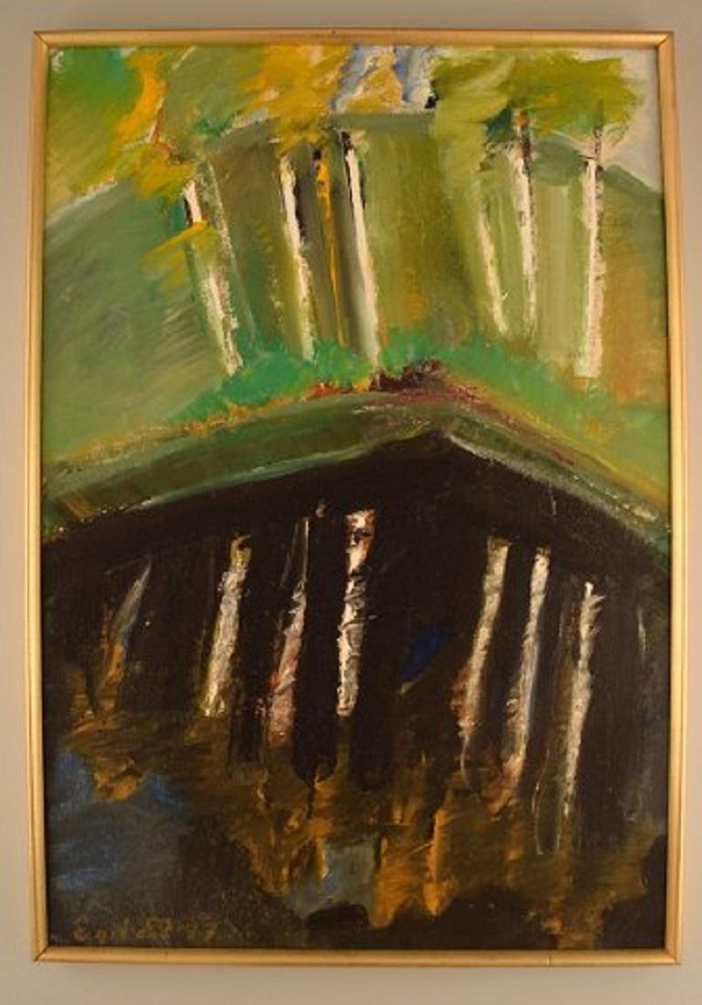 Egil Carlsson (b. 1920), Sweden. Oil on canvas. Modernist park landscape. Dated 1977.
The canvas measures: 71.5 x 49 cm.
The frame measures: 1.3 cm.
In excellent condition.
Signed.