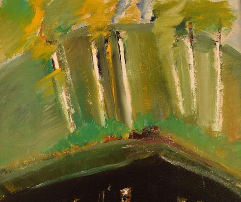 Scandinavian Modern Egil Carlsson 'B. 1920', Sweden, Oil on Canvas, Modernist Park Landscape, 1977 For Sale