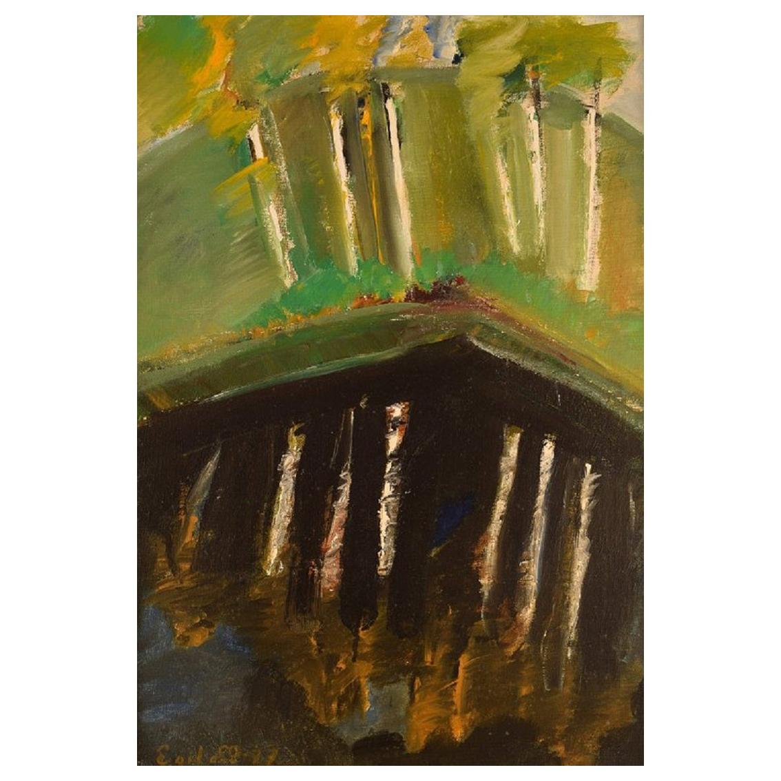 Egil Carlsson « B. 1920 », Suède, huile sur toile, paysage de parc moderniste, 1977