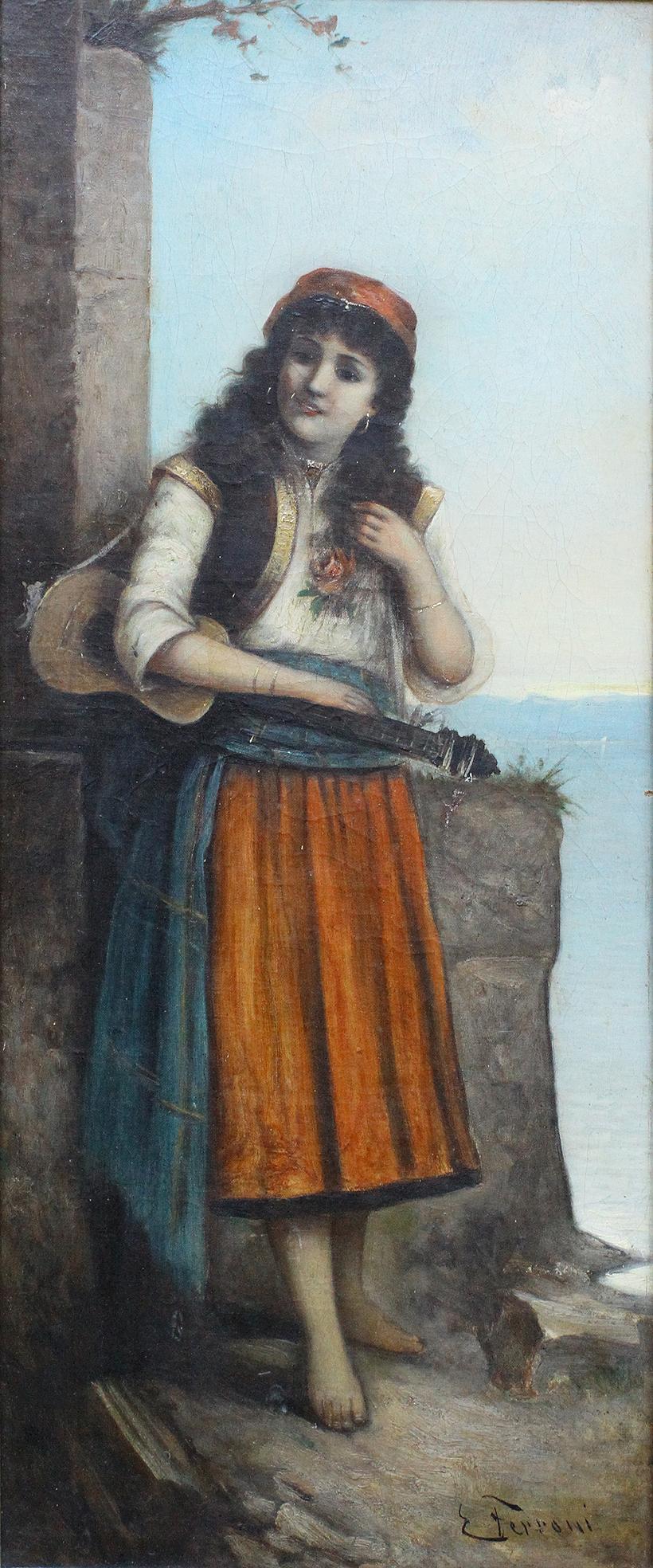 Egisto Ferroni (1835-1912)
Oil on board - Lady with Ukulele
Signed low right
Framed
Measures: H.39