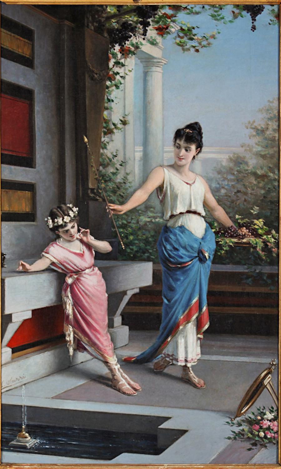 Escena pompeyana Pintura del siglo XIX Óleo sobre lienzo Firmado  Egisto  Sarri - Interior Painting Marrón de Egisto Sarri